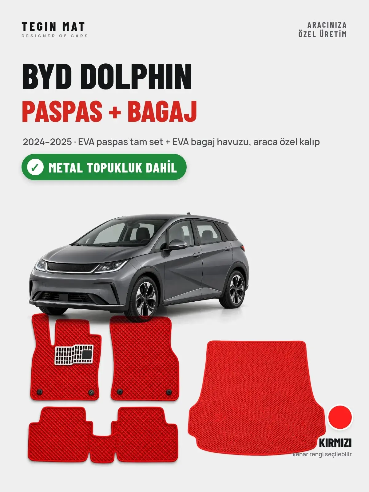 BYD Dolphin EVA Paspas + Bagaj Havuzu Seti (2024–2025) Kırmızı – Metal Topukluk Dahil (1)