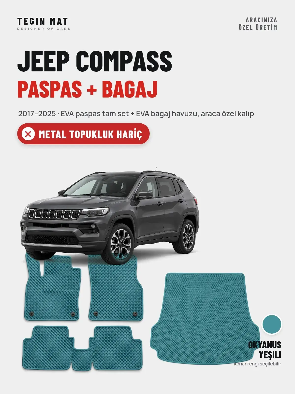Jeep Compass EVA Paspas + Bagaj Havuzu Seti (2017–2025) Okyanus Yeşili – Metal Topukluk Hariç (1)