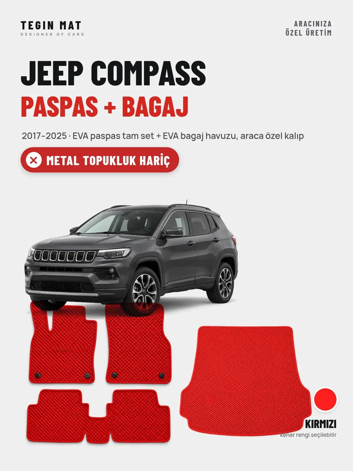 Jeep Compass EVA Paspas + Bagaj Havuzu Seti (2017–2025) Kırmızı – Metal Topukluk Hariç (1)