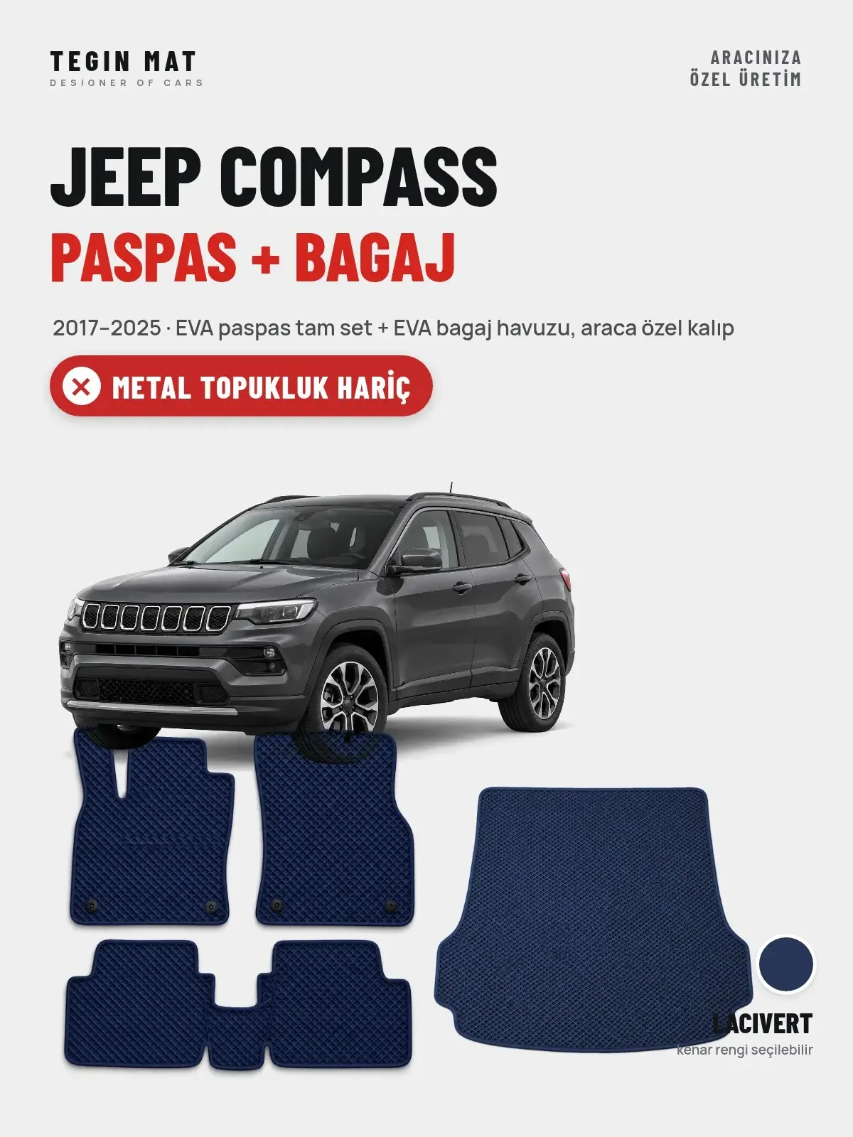 Jeep Compass EVA Paspas + Bagaj Havuzu Seti (2017–2025) Lacivert – Metal Topukluk Hariç (1)