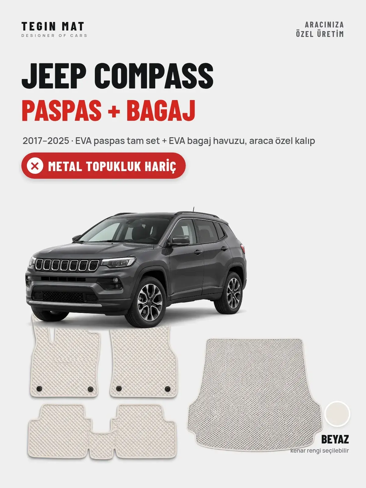 Jeep Compass EVA Paspas + Bagaj Havuzu Seti (2017–2025) Beyaz – Metal Topukluk Hariç (1)