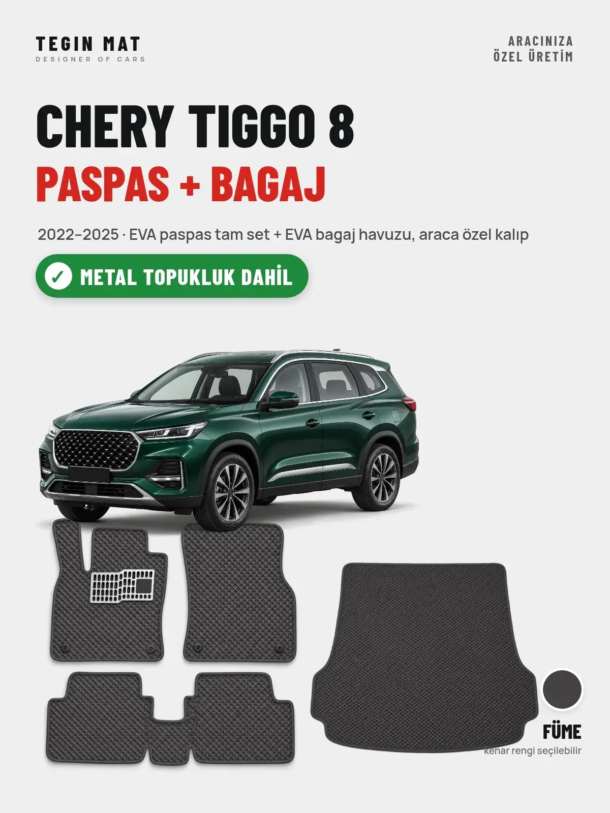 Chery Tiggo 8 EVA Paspas + Bagaj Havuzu Seti (2022–2025) Füme – Metal Topukluk Dahil (1)