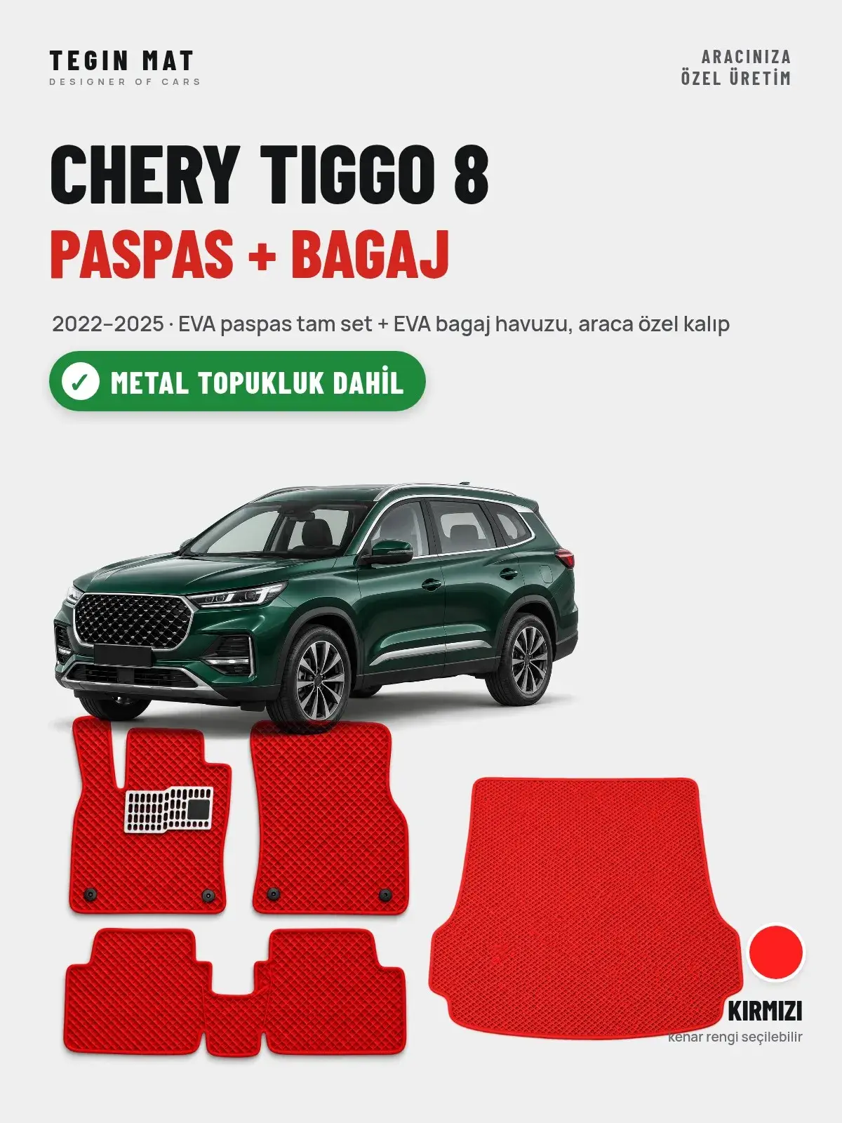 Chery Tiggo 8 EVA Paspas + Bagaj Havuzu Seti (2022–2025) Kırmızı – Metal Topukluk Dahil (1)