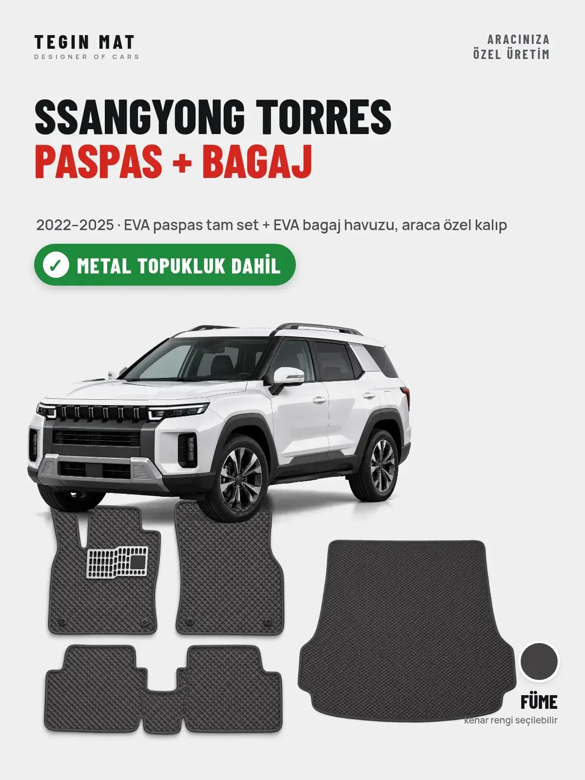 SsangYong Torres EVA Paspas + Bagaj Havuzu Seti (2022–2025) Füme – Metal Topukluk Dahil (1)