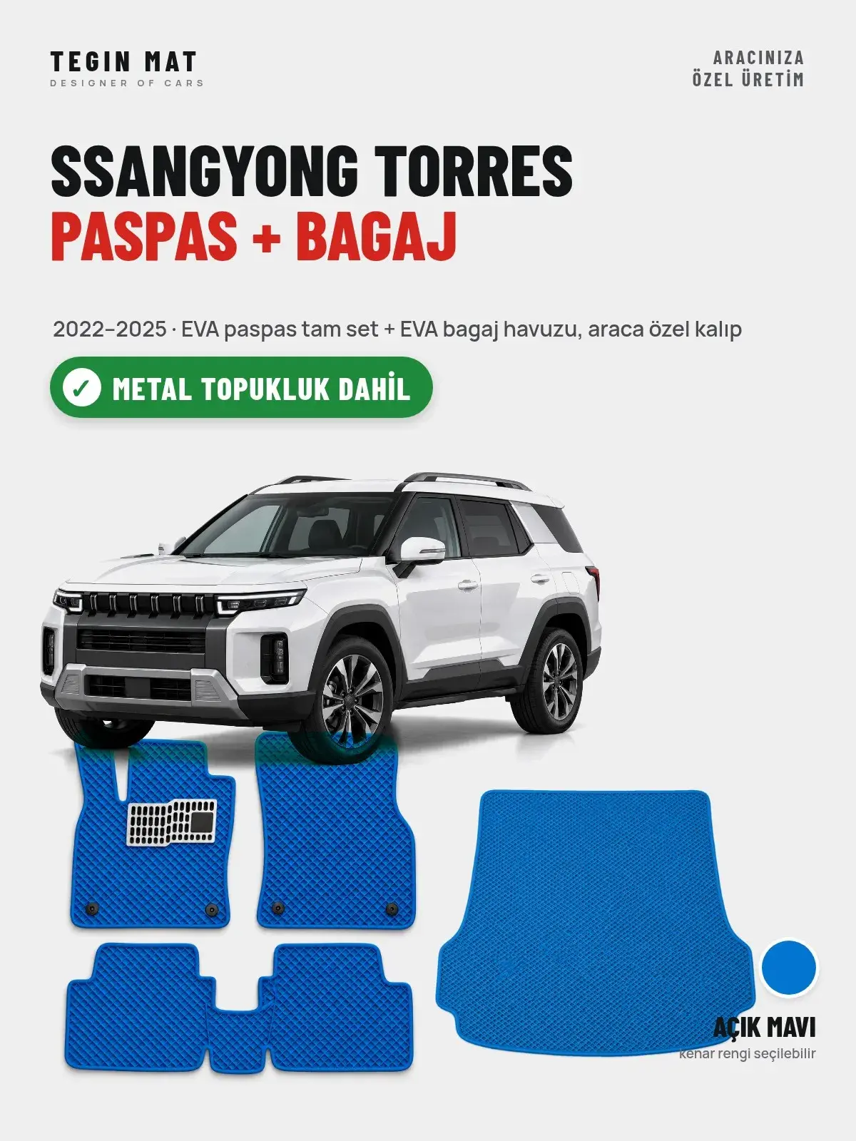 SsangYong Torres EVA Paspas + Bagaj Havuzu Seti (2022–2025) Açık Mavi – Metal Topukluk Dahil (1)