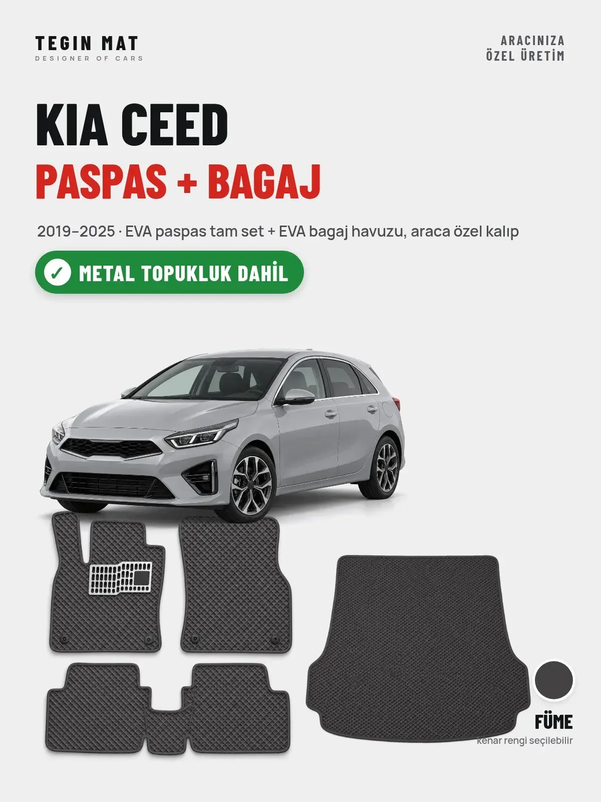 Kia Ceed EVA Paspas + Bagaj Havuzu Seti (2019–2025) Füme – Metal Topukluk Dahil (1)