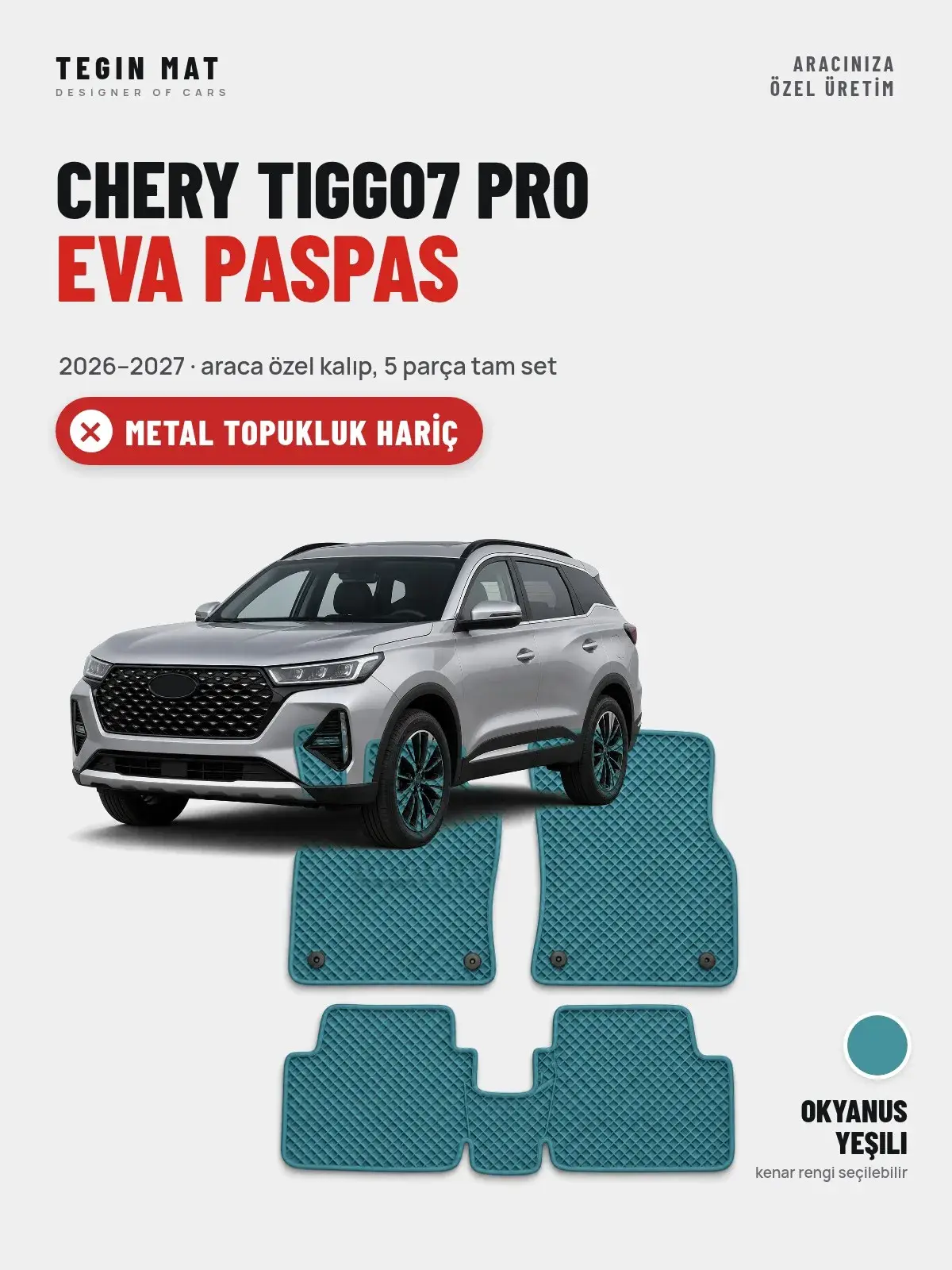 Chery Tiggo7 Pro EVA Oto Paspas Tam Set (2026–2027) Okyanus Yeşili – Metal Topukluk Hariç (1)