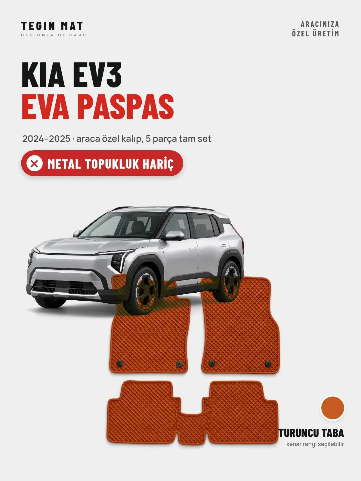 Kia EV3 EVA Oto Paspas Tam Set (2024–2025) Turuncu Taba – Metal Topukluk Hariç (1)