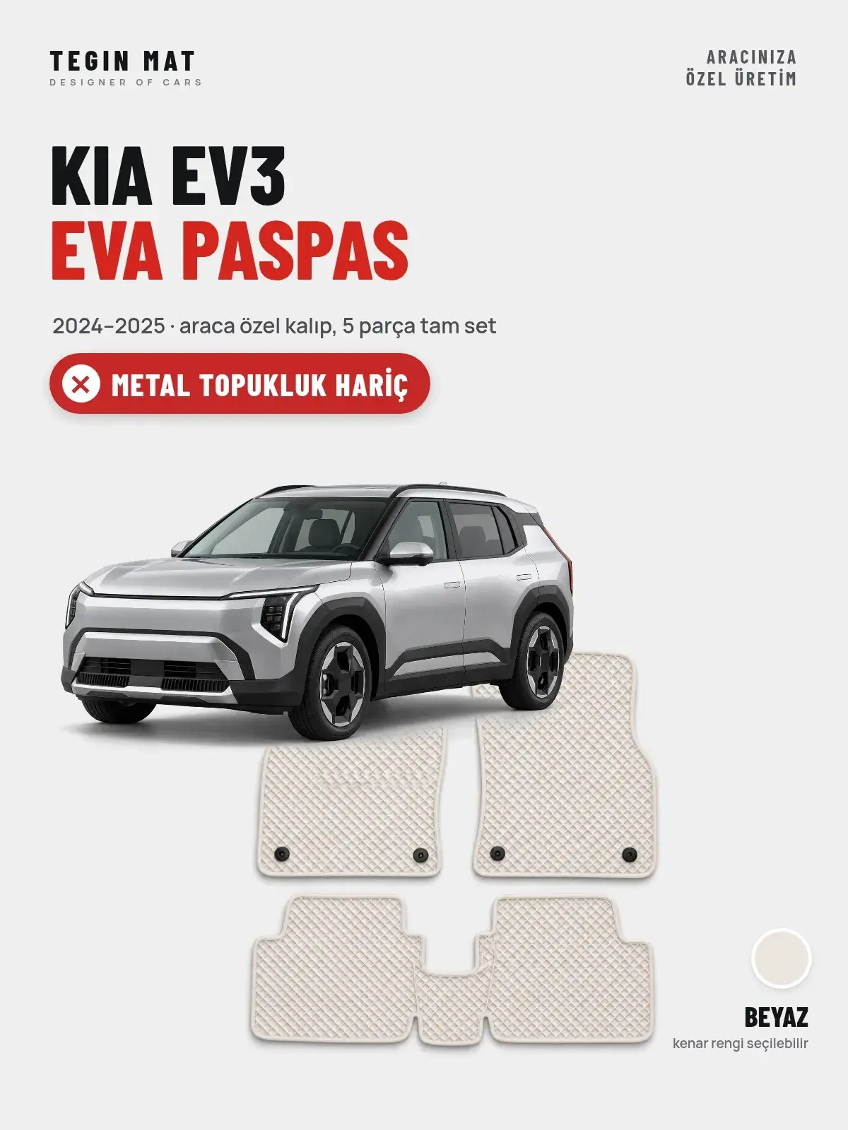 Kia EV3 EVA Oto Paspas Tam Set (2024–2025) Beyaz – Metal Topukluk Hariç (1)