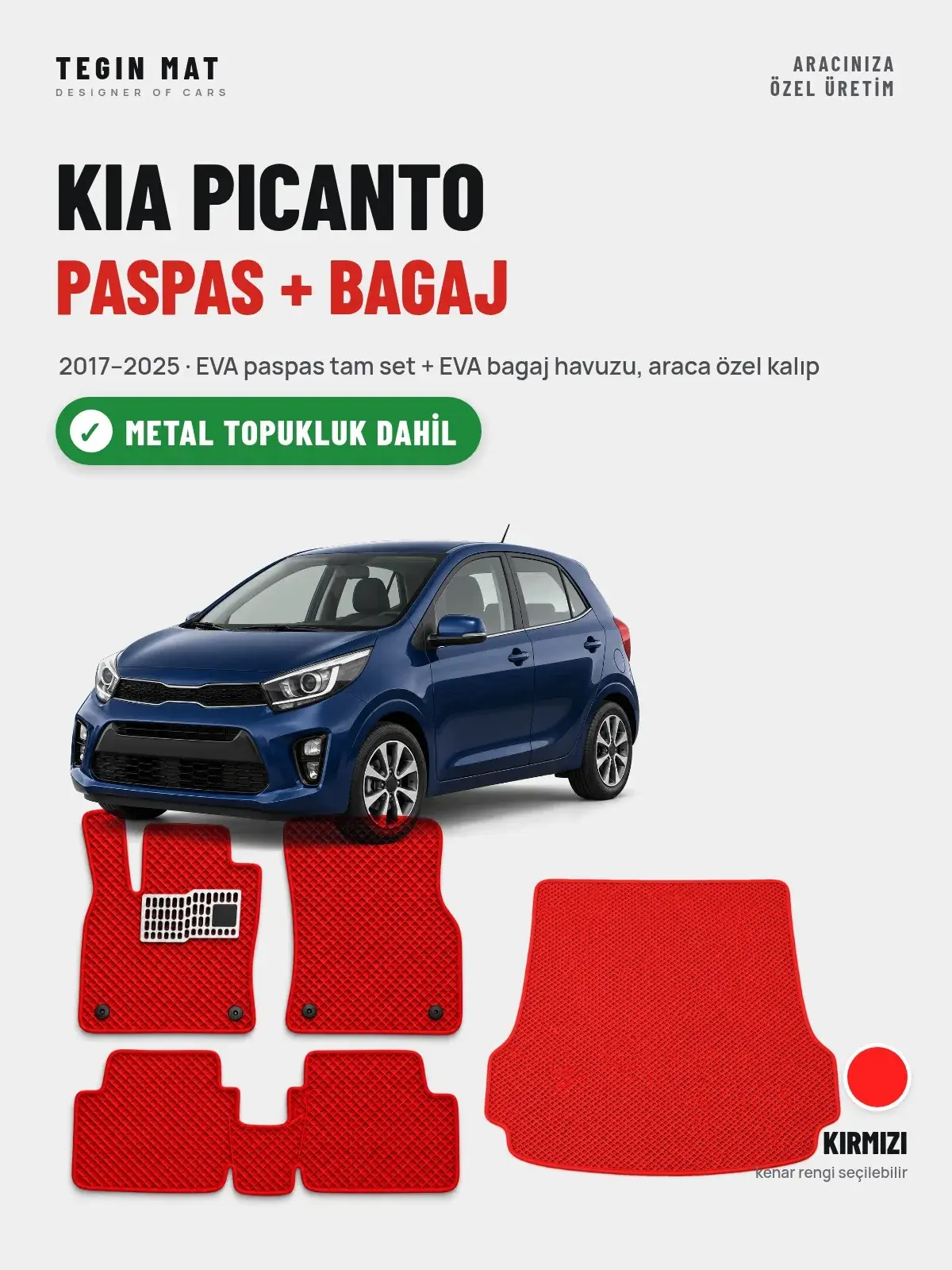 Kia Picanto EVA Paspas + Bagaj Havuzu Seti (2017–2025) Kırmızı – Metal Topukluk Dahil (1)