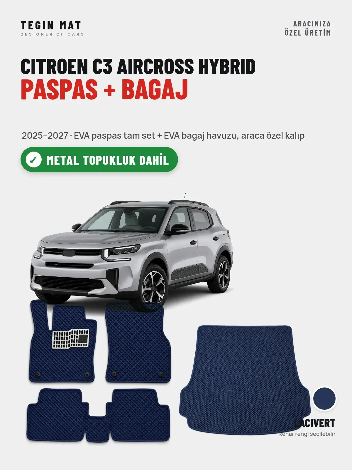 Citroen C3 Aircross Hybrid EVA Paspas + Bagaj Havuzu Seti (2025–2027) Lacivert – Metal Topukluk Dahil (1)