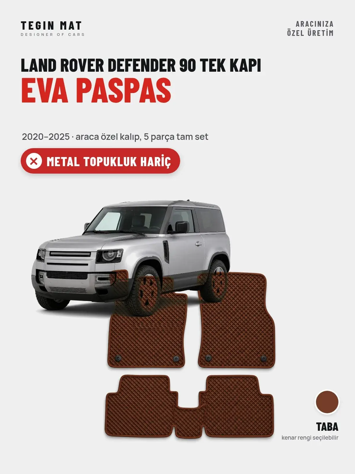Land Rover Defender 90 Tek Kapı EVA Oto Paspas Tam Set (2020–2025) Taba – Metal Topukluk Hariç (1)