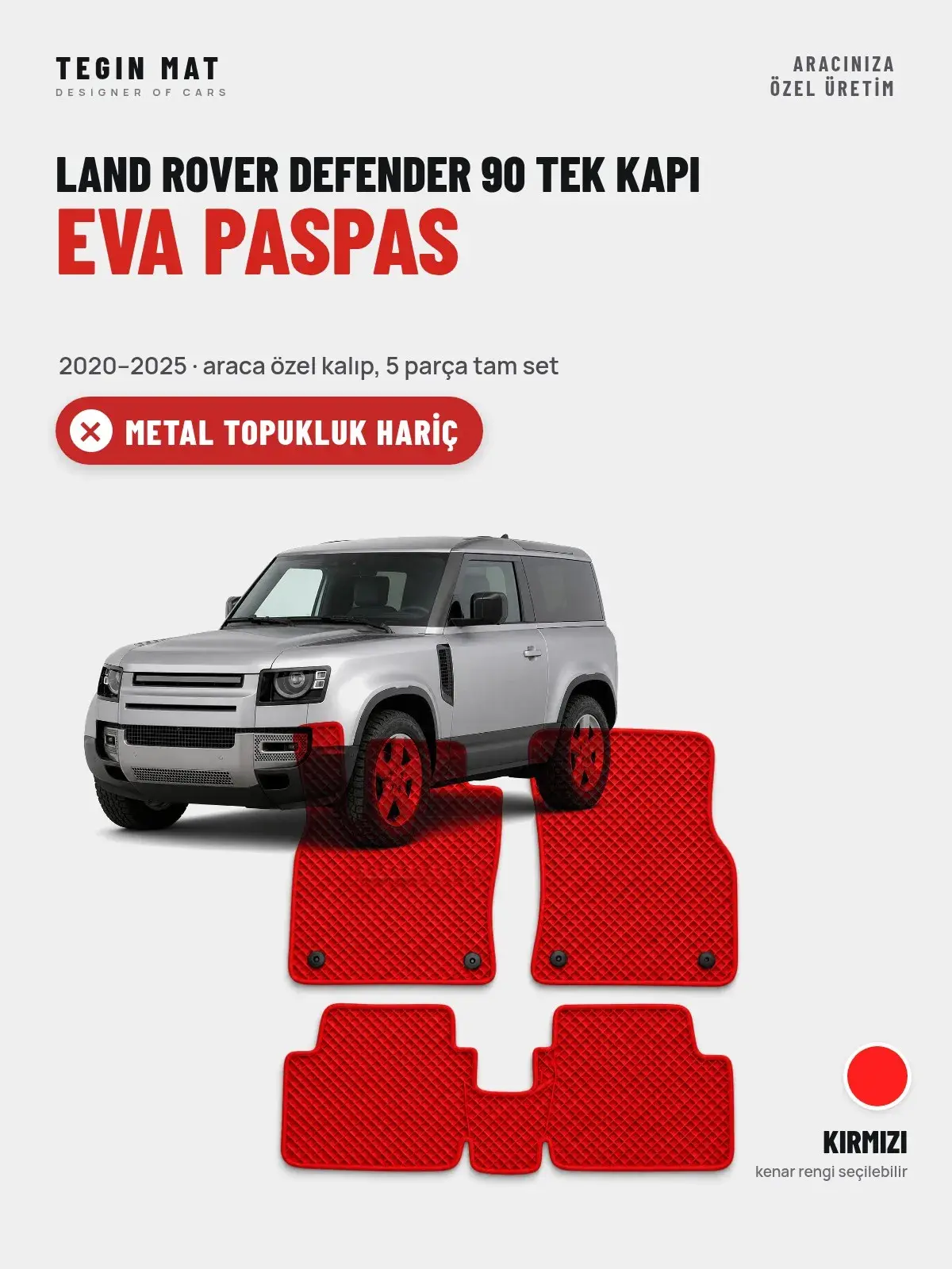 Land Rover Defender 90 Tek Kapı EVA Oto Paspas Tam Set (2020–2025) Kırmızı – Metal Topukluk Hariç (1)