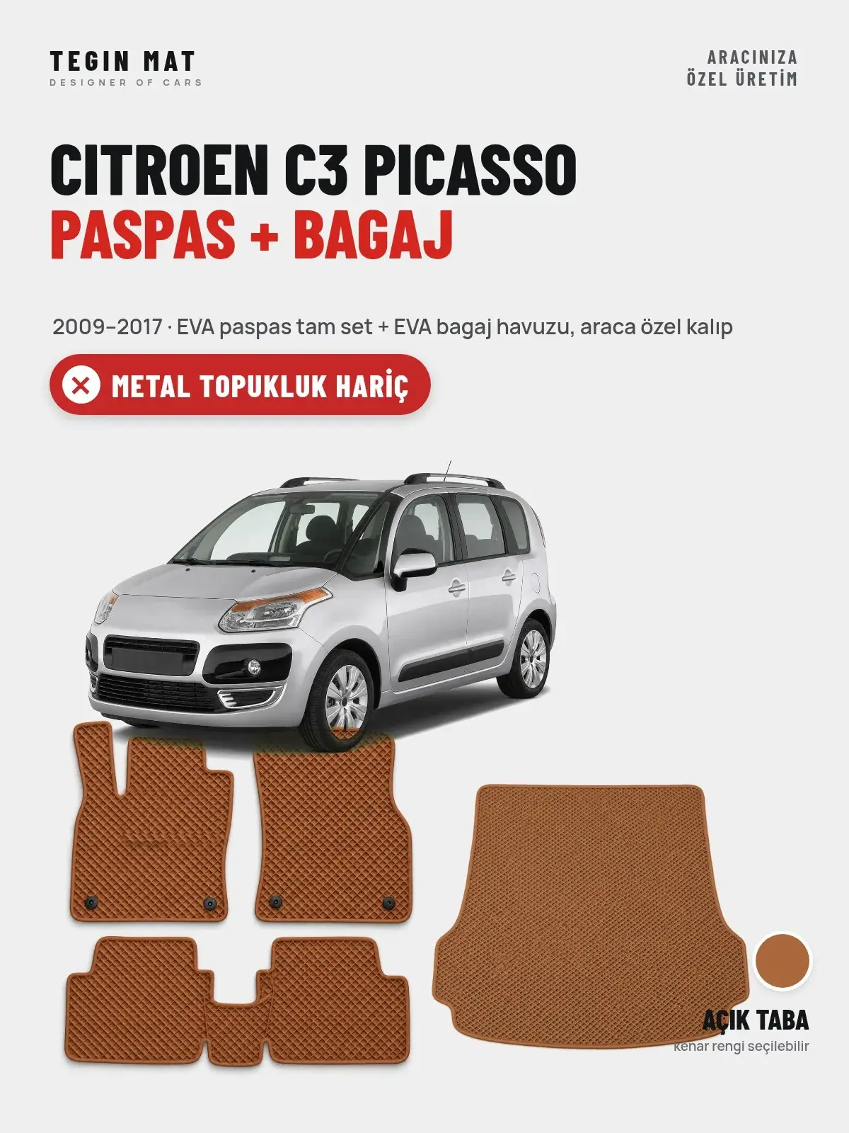 Citroen C3 Picasso EVA Paspas + Bagaj Havuzu Seti (2009–2017) Açık Taba – Metal Topukluk Hariç (1)