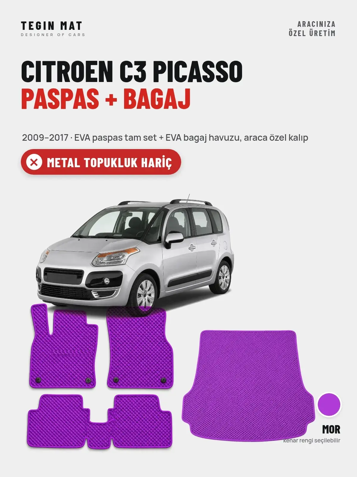 Citroen C3 Picasso EVA Paspas + Bagaj Havuzu Seti (2009–2017) Mor – Metal Topukluk Hariç (1)