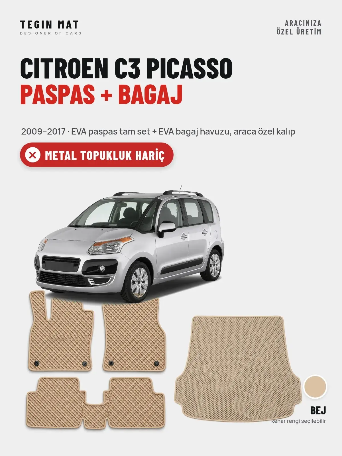 Citroen C3 Picasso EVA Paspas + Bagaj Havuzu Seti (2009–2017) Bej – Metal Topukluk Hariç (1)