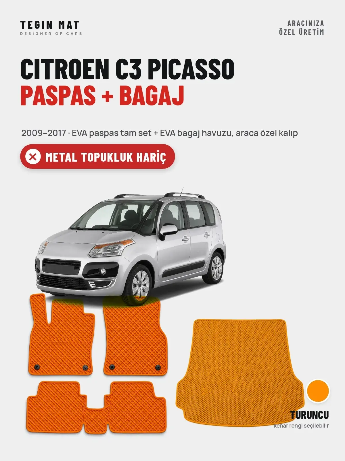 Citroen C3 Picasso EVA Paspas + Bagaj Havuzu Seti (2009–2017) Turuncu – Metal Topukluk Hariç (1)