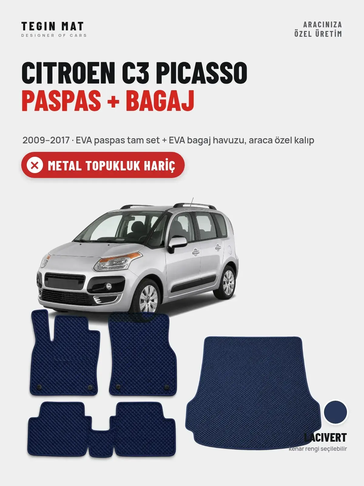 Citroen C3 Picasso EVA Paspas + Bagaj Havuzu Seti (2009–2017) Lacivert – Metal Topukluk Hariç (1)
