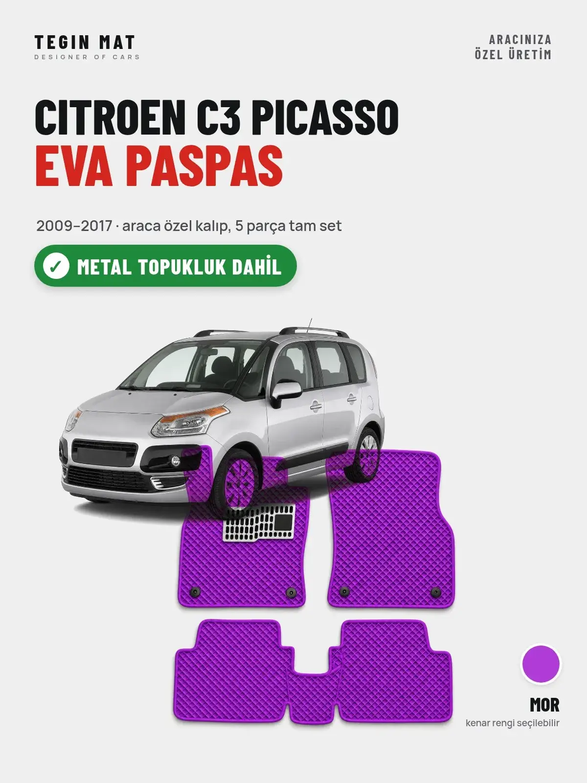 Citroen C3 Picasso EVA Oto Paspas Tam Set (2009–2017) Mor – Metal Topukluk Dahil (1)