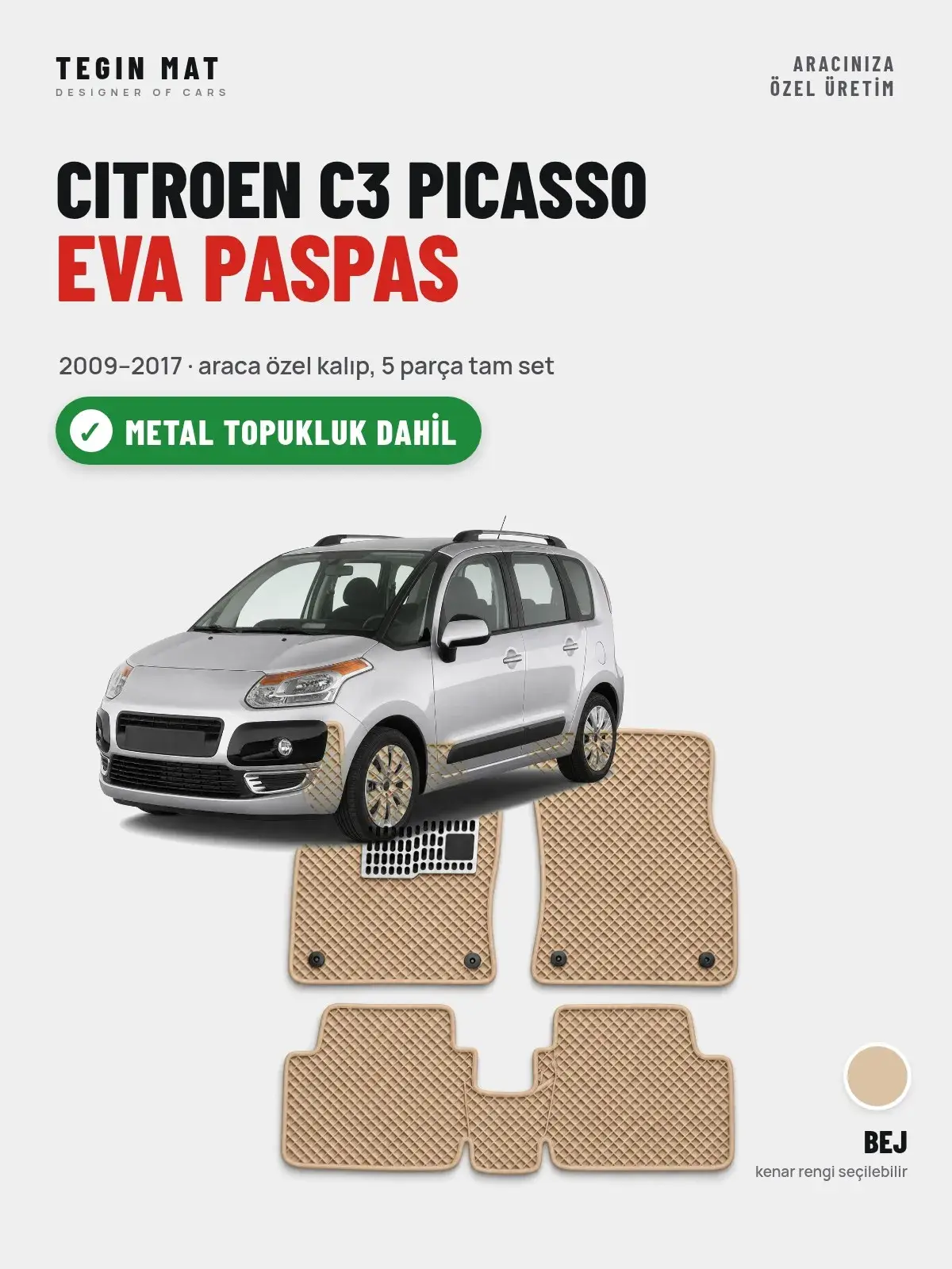 Citroen C3 Picasso EVA Oto Paspas Tam Set (2009–2017) Bej – Metal Topukluk Dahil (1)