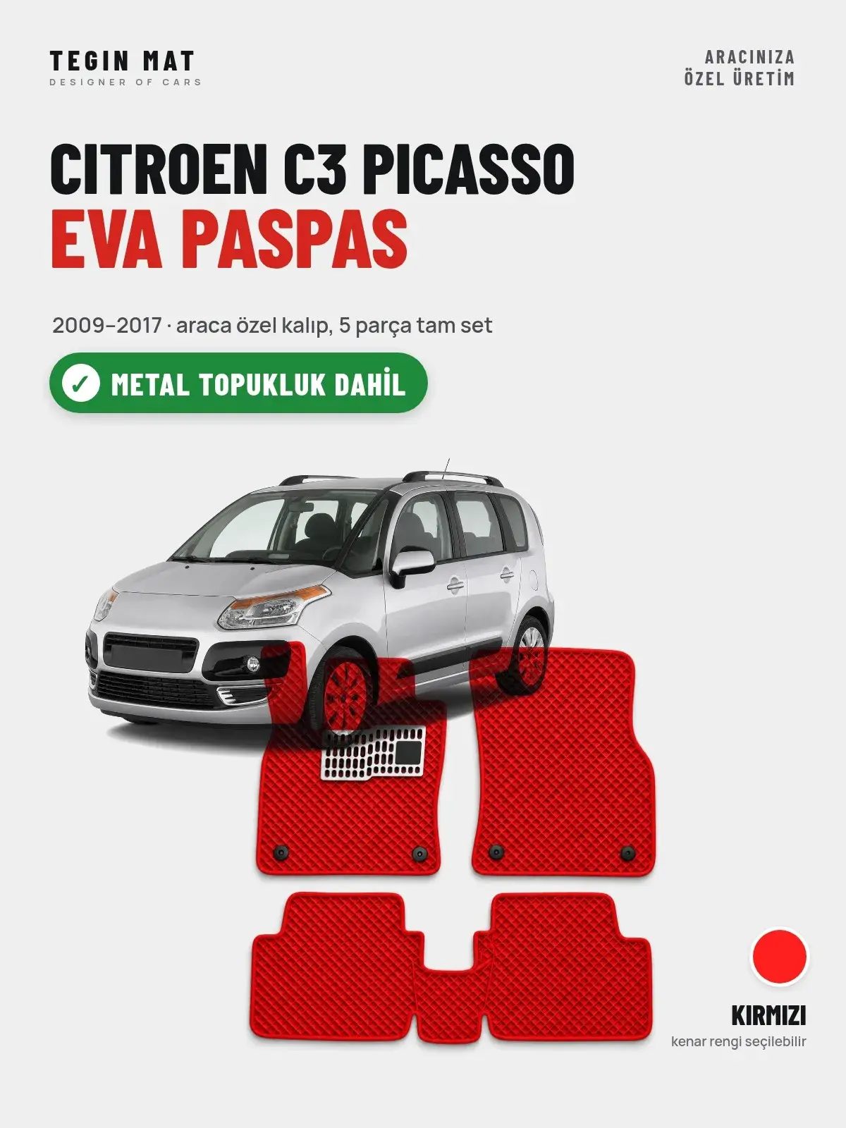 Citroen C3 Picasso EVA Oto Paspas Tam Set (2009–2017) Kırmızı – Metal Topukluk Dahil (1)
