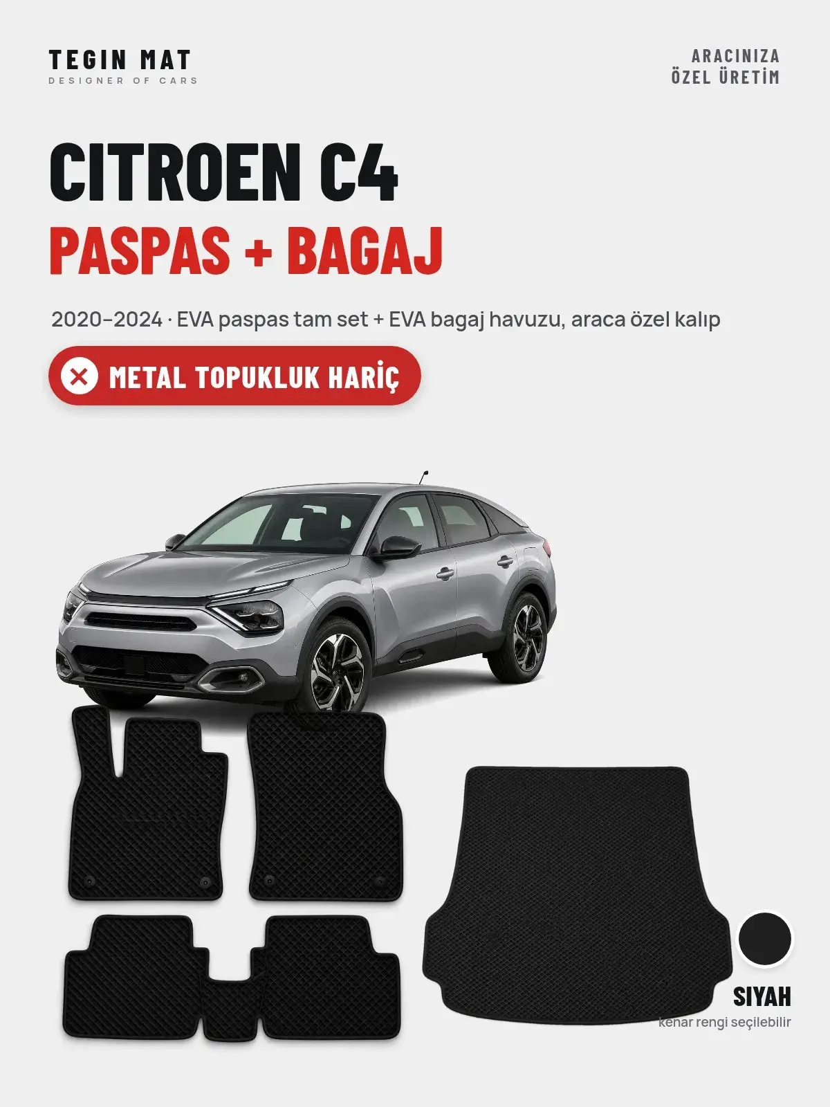 Citroen C4 EVA Paspas + Bagaj Havuzu Seti (2020–2024) Siyah – Metal Topukluk Hariç (1)