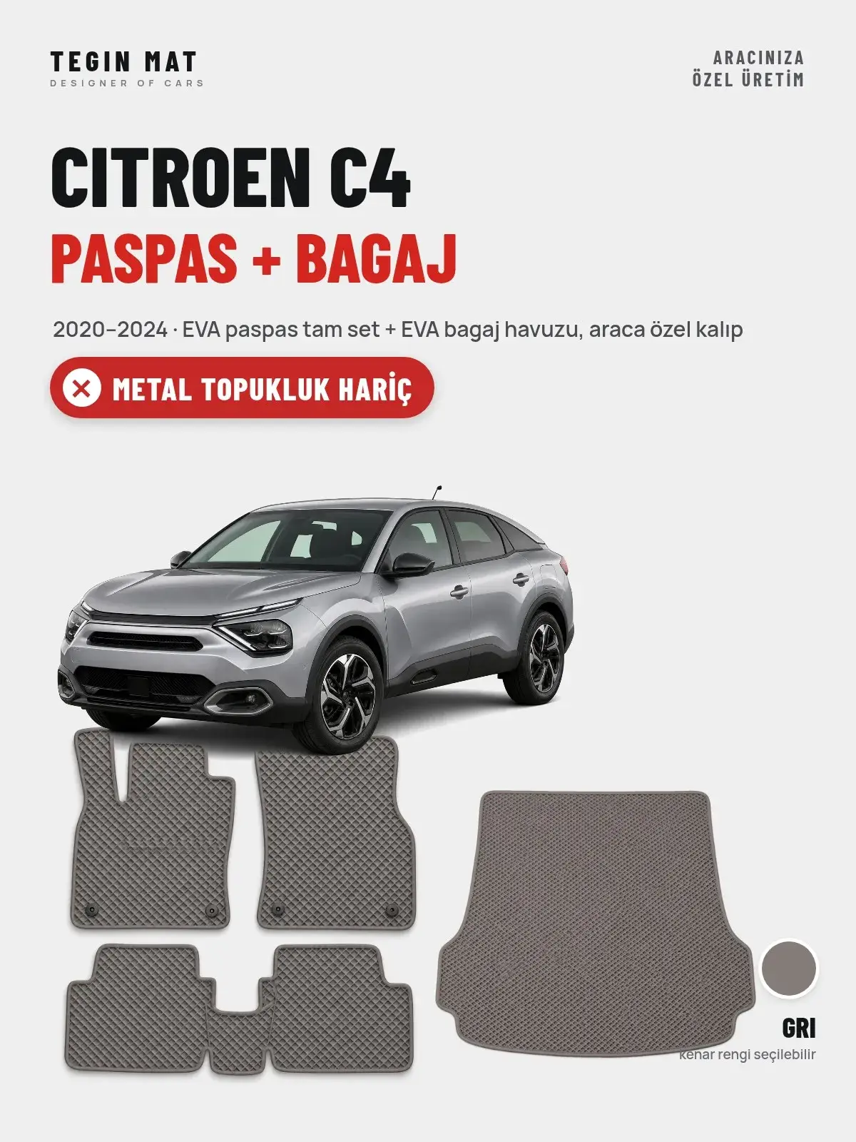 Citroen C4 EVA Paspas + Bagaj Havuzu Seti (2020–2024) Gri – Metal Topukluk Hariç (1)