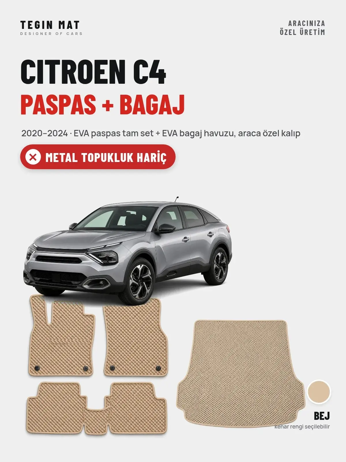 Citroen C4 EVA Paspas + Bagaj Havuzu Seti (2020–2024) Bej – Metal Topukluk Hariç (1)