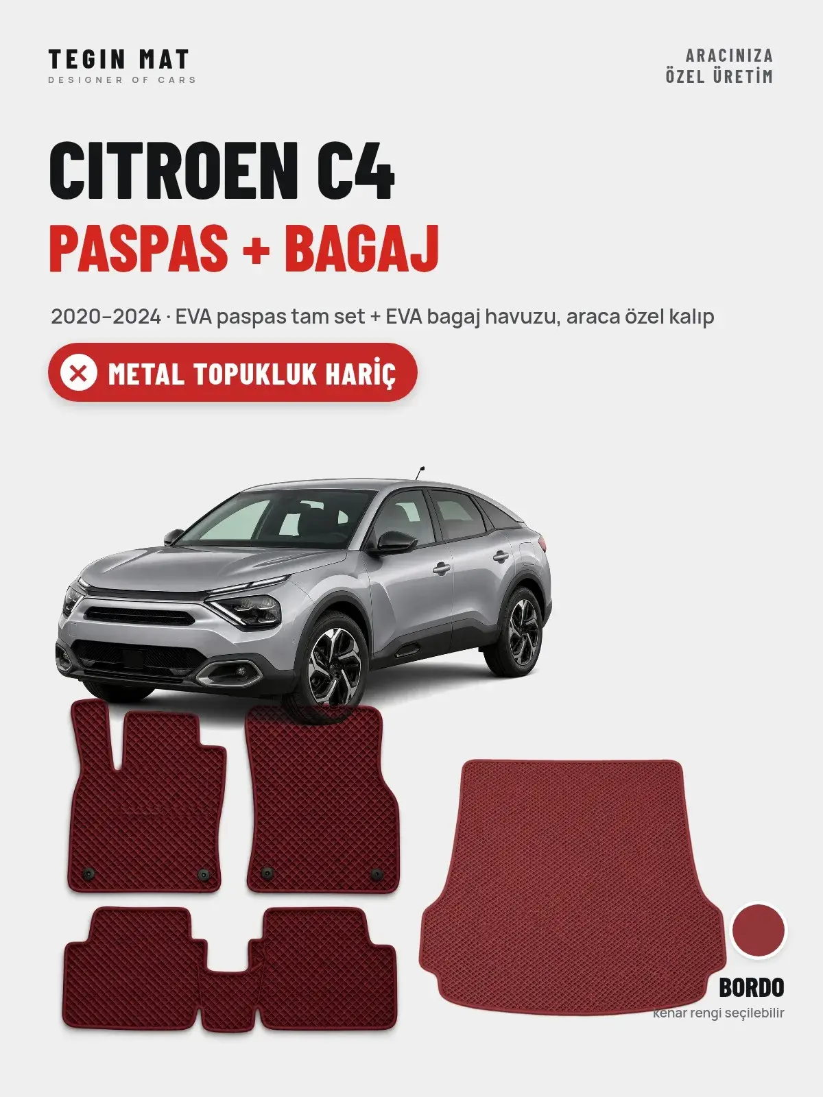 Citroen C4 EVA Paspas + Bagaj Havuzu Seti (2020–2024) Bordo – Metal Topukluk Hariç (1)
