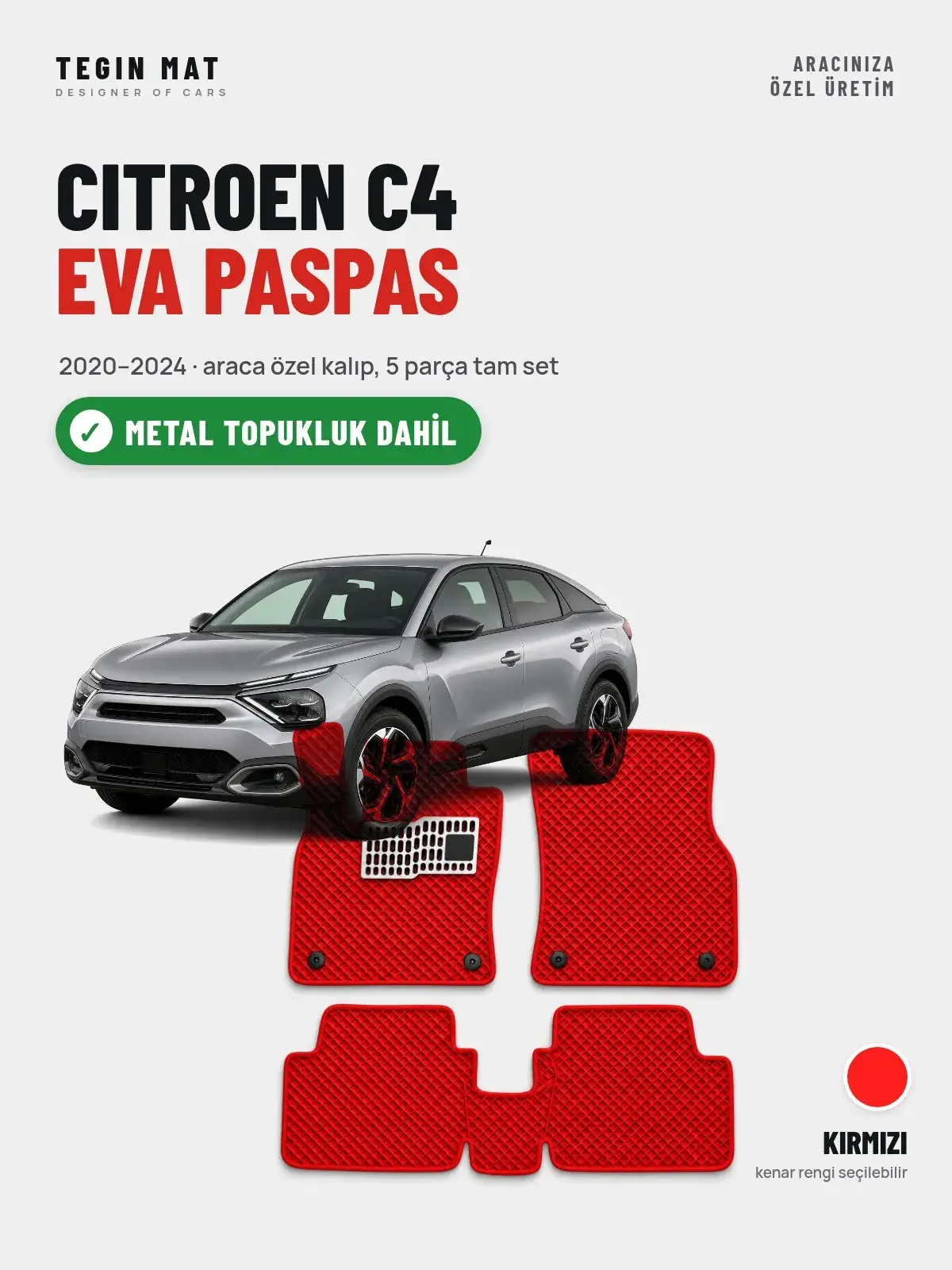 Citroen C4 EVA Oto Paspas Tam Set (2020–2024) Kırmızı – Metal Topukluk Dahil (1)