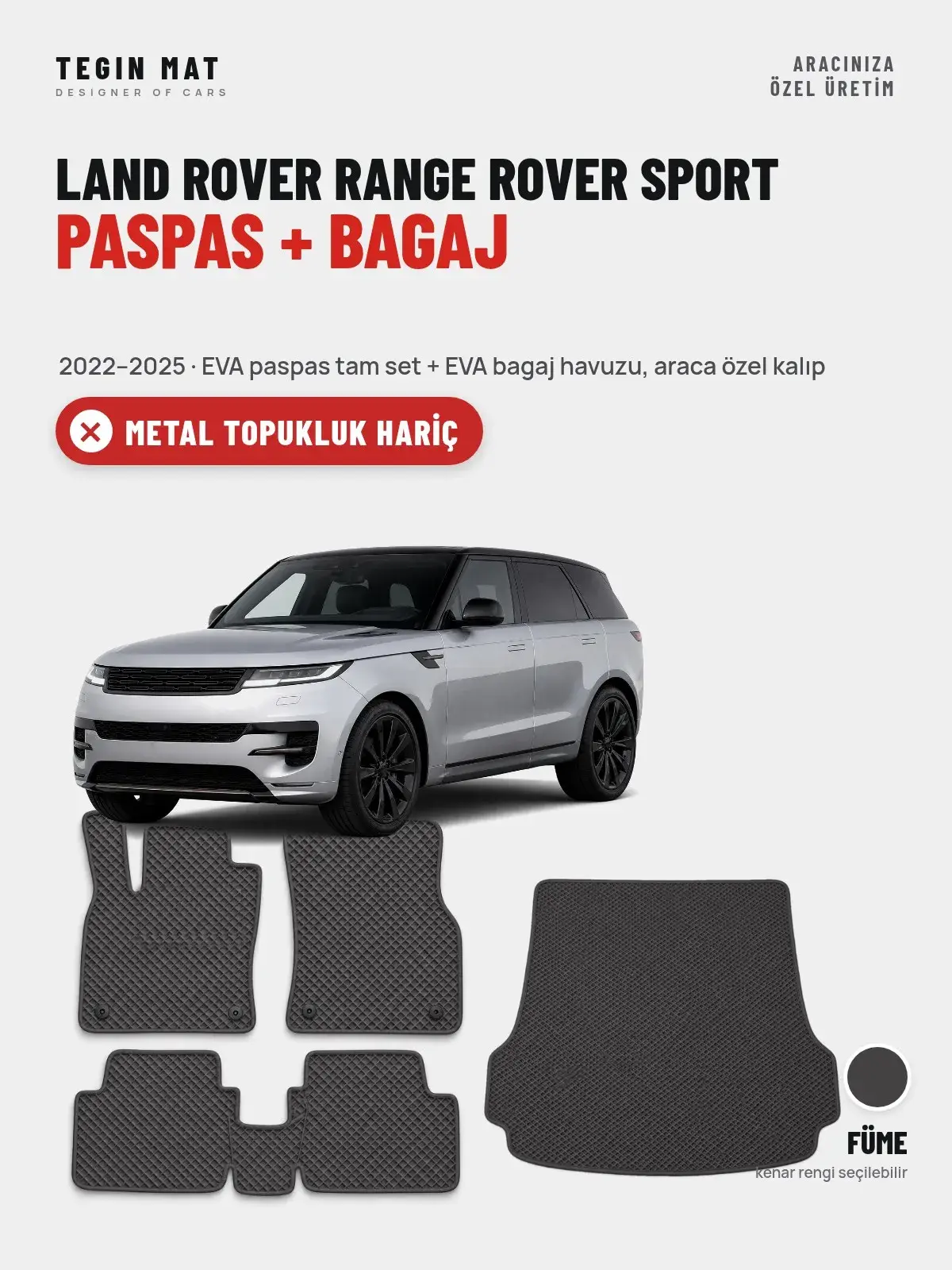 Land Rover Range Rover Sport EVA Paspas + Bagaj Havuzu Seti (2022–2025) Füme – Metal Topukluk Hariç (1)