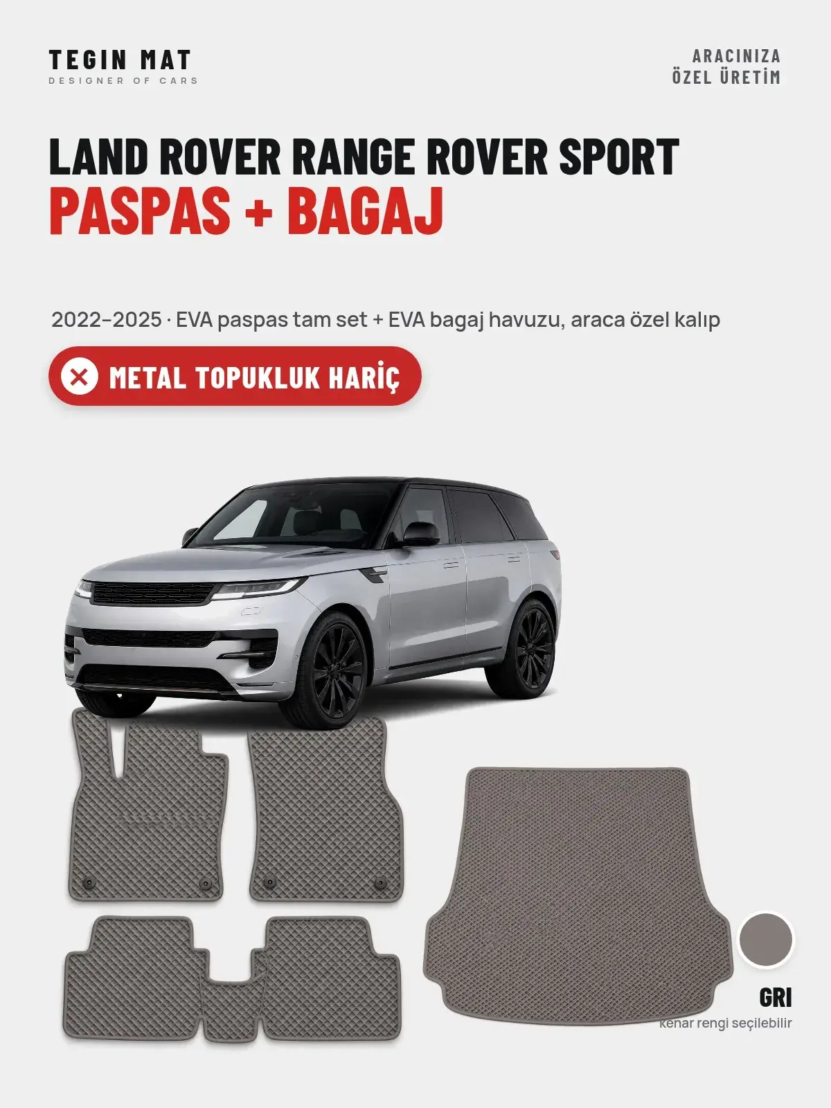 Land Rover Range Rover Sport EVA Paspas + Bagaj Havuzu Seti (2022–2025) Gri – Metal Topukluk Hariç (1)