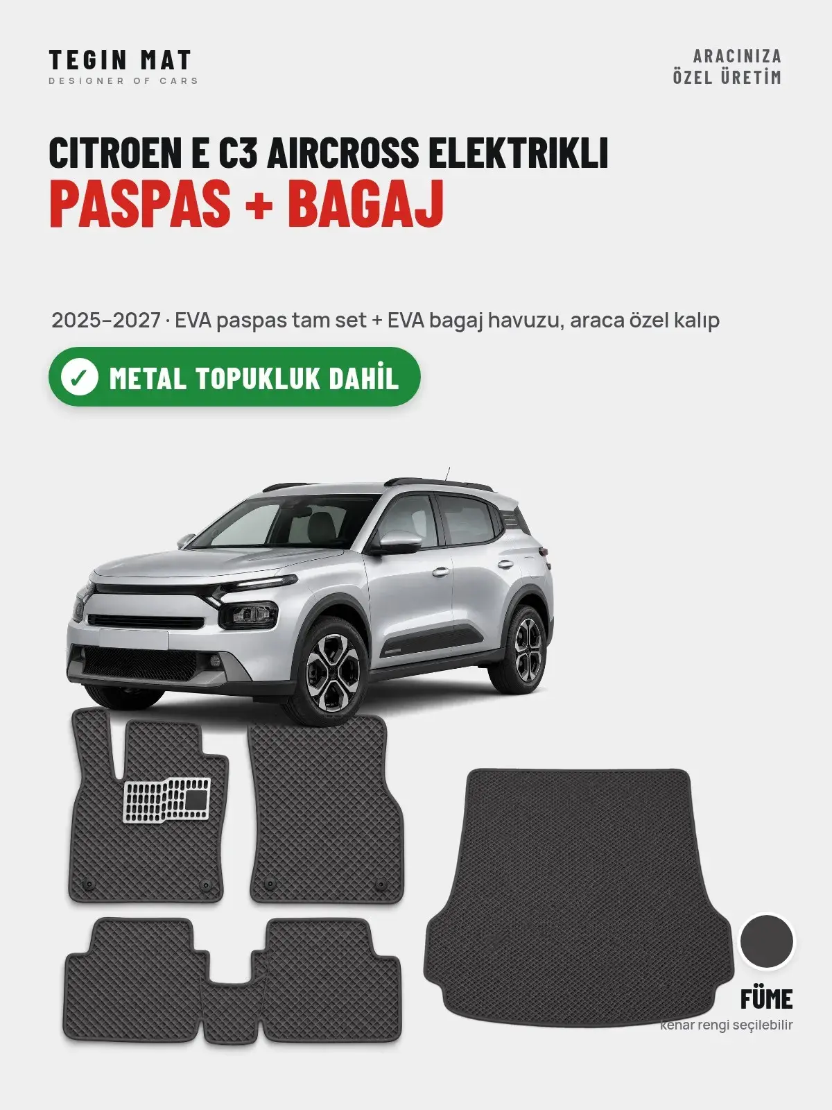 Citroen E C3 Aircross Elektrikli EVA Paspas + Bagaj Havuzu Seti (2025–2027) Füme – Metal Topukluk Dahil (1)