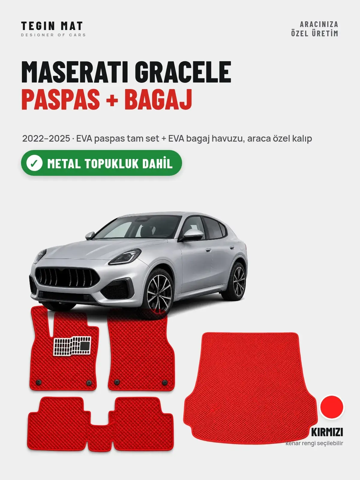 Maserati Gracele EVA Paspas + Bagaj Havuzu Seti (2022–2025) Kırmızı – Metal Topukluk Dahil (1)