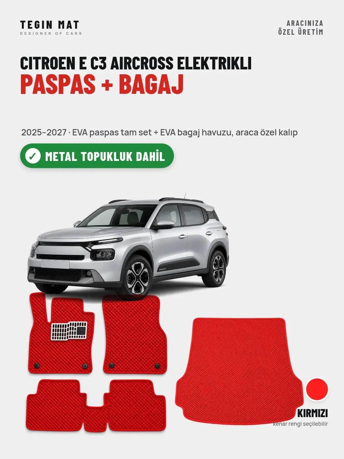 Citroen E C3 Aircross Elektrikli EVA Paspas + Bagaj Havuzu Seti (2025–2027) Kırmızı – Metal Topukluk Dahil (1)
