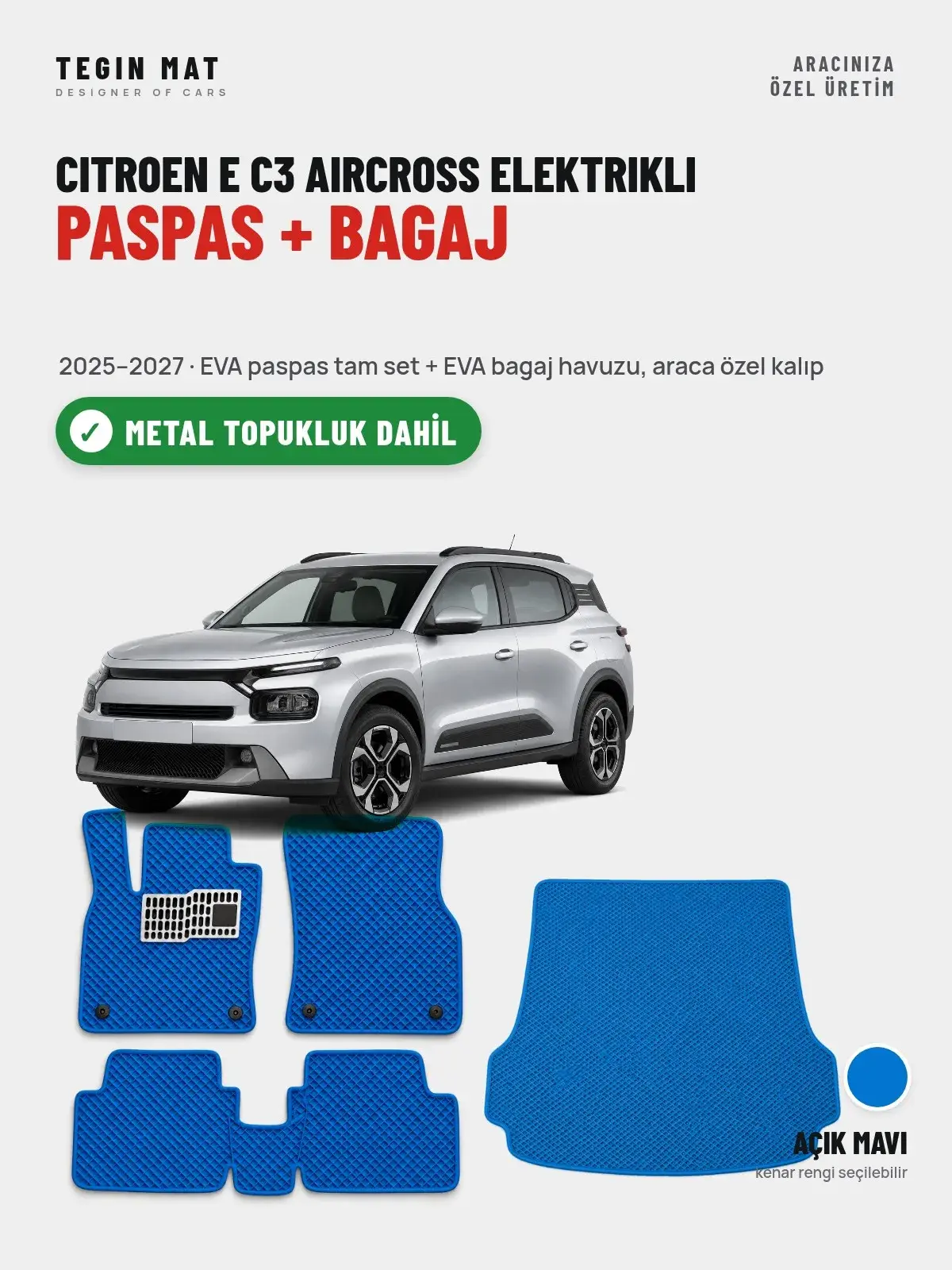 Citroen E C3 Aircross Elektrikli EVA Paspas + Bagaj Havuzu Seti (2025–2027) Açık Mavi – Metal Topukluk Dahil (1)