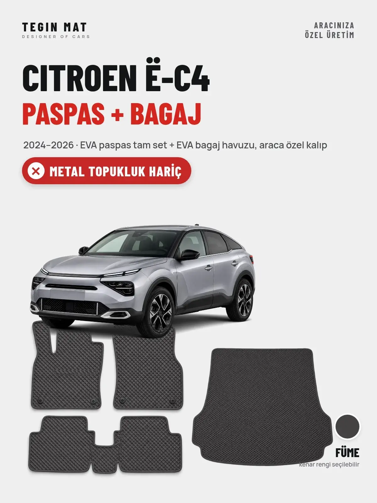 Citroen ë-C4 EVA Paspas + Bagaj Havuzu Seti (2024–2026) Füme – Metal Topukluk Hariç (1)