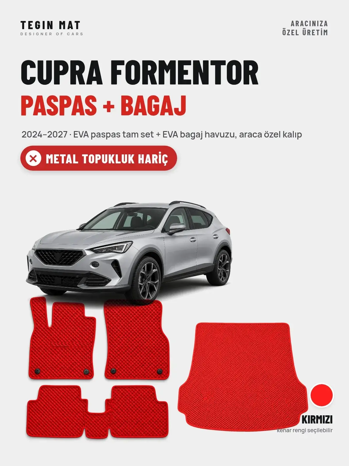 CUPRA Formentor EVA Paspas + Bagaj Havuzu Seti (2024–2027) Kırmızı – Metal Topukluk Hariç (1)