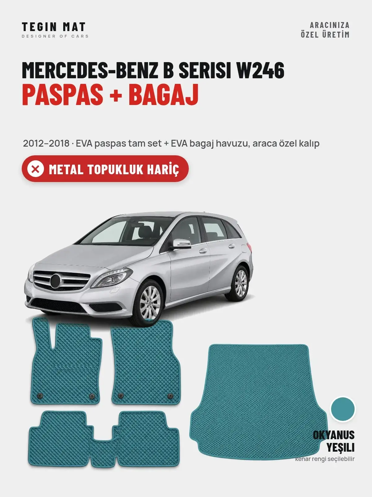 Mercedes-Benz B Serisi W246 EVA Paspas + Bagaj Havuzu Seti (2012–2018) Okyanus Yeşili – Metal Topukluk Hariç (1)