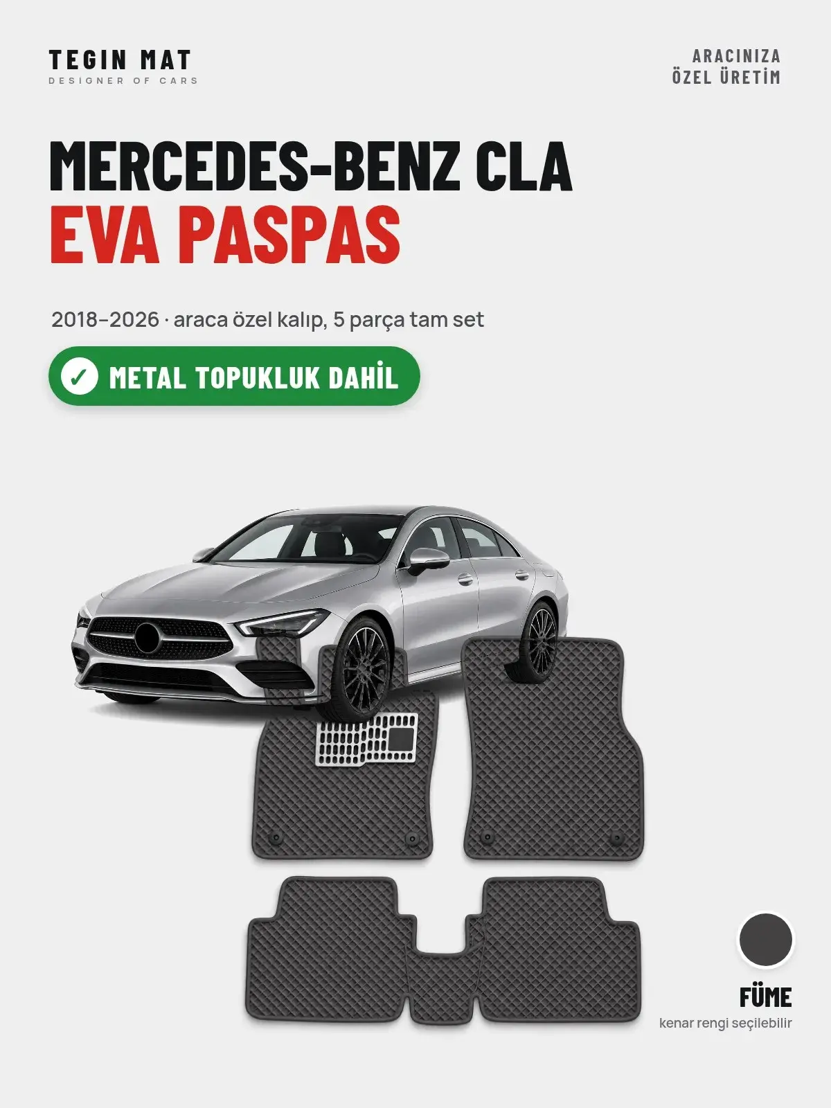 Mercedes-Benz CLA EVA Oto Paspas Tam Set (2018–2026) Füme – Metal Topukluk Dahil (1)