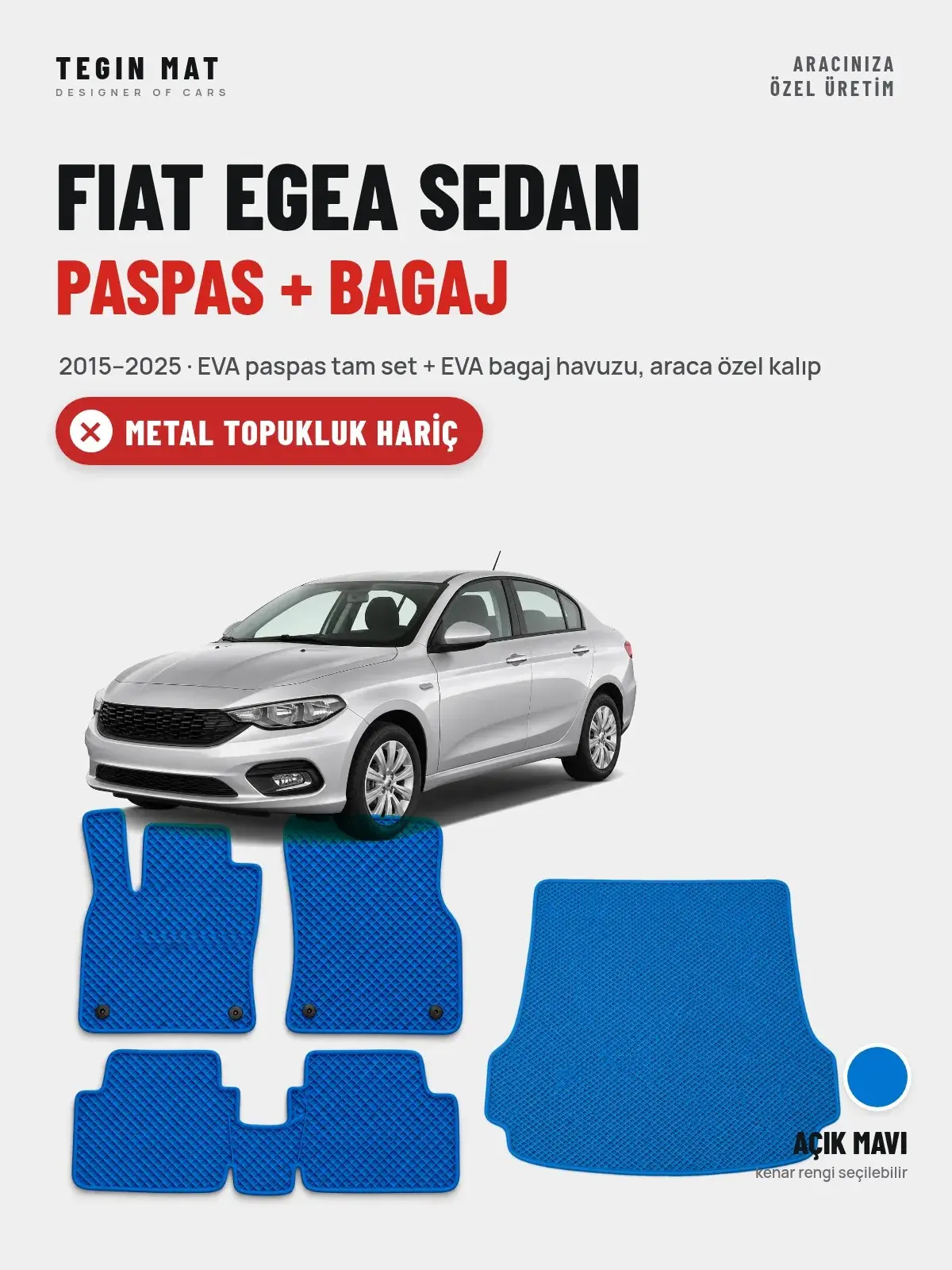 Fiat Egea Sedan EVA Paspas + Bagaj Havuzu Seti (2015–2025) Açık Mavi – Metal Topukluk Hariç (1)