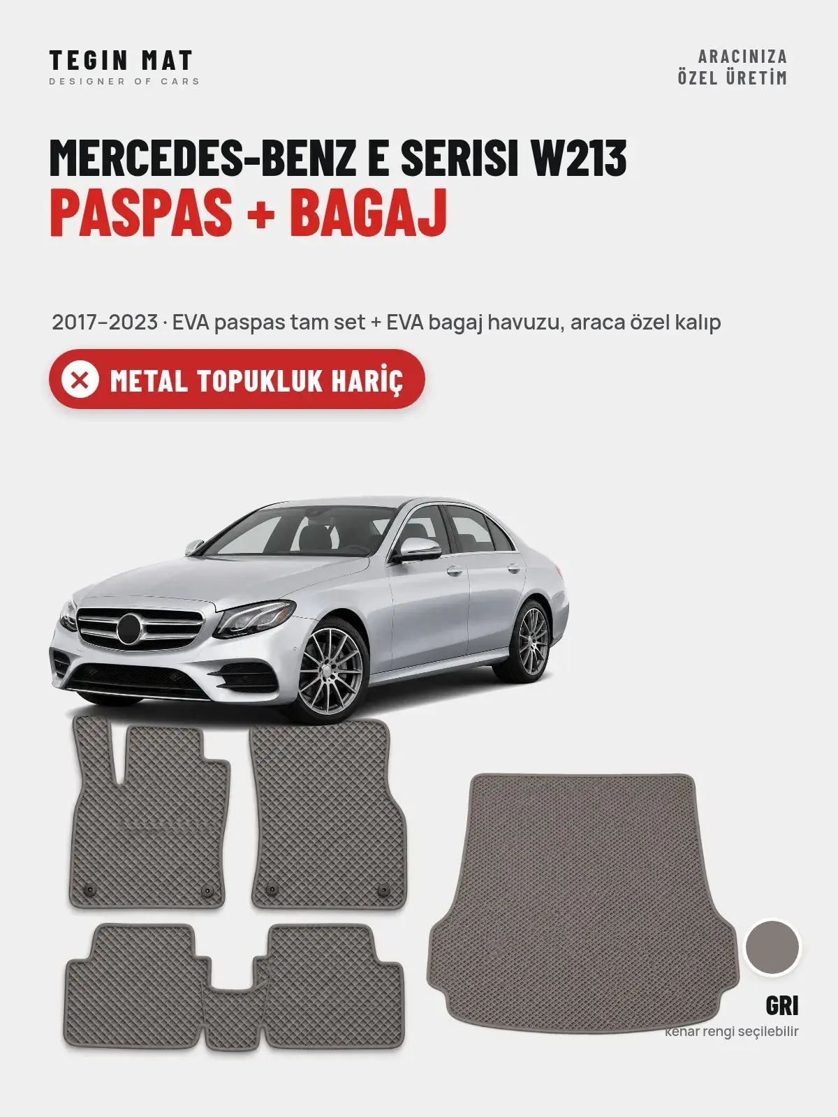 Mercedes-Benz E Serisi W213 EVA Paspas + Bagaj Havuzu Seti (2017–2023) Gri – Metal Topukluk Hariç (1)