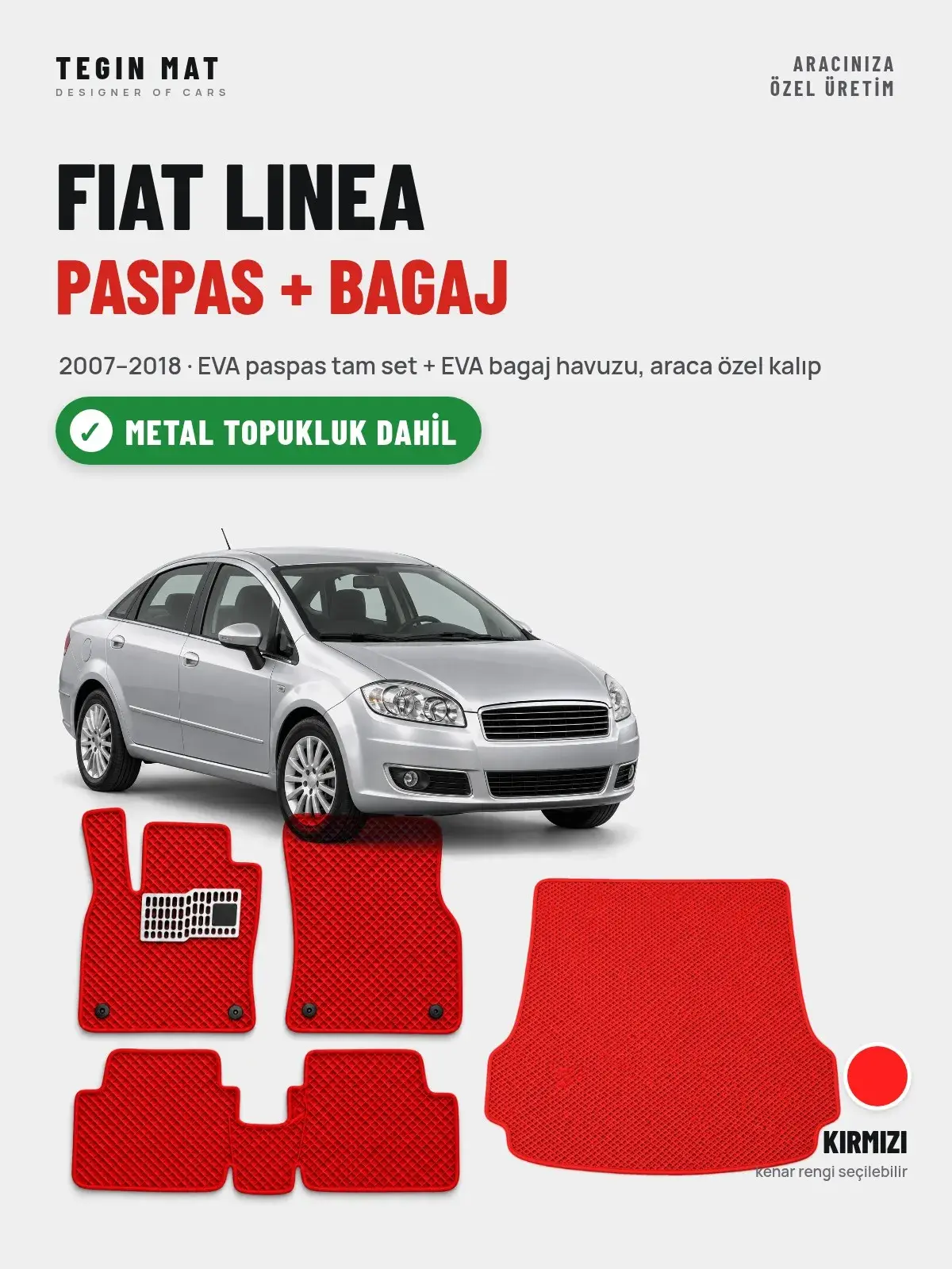 Fiat Linea EVA Paspas + Bagaj Havuzu Seti (2007–2018) Kırmızı – Metal Topukluk Dahil (1)