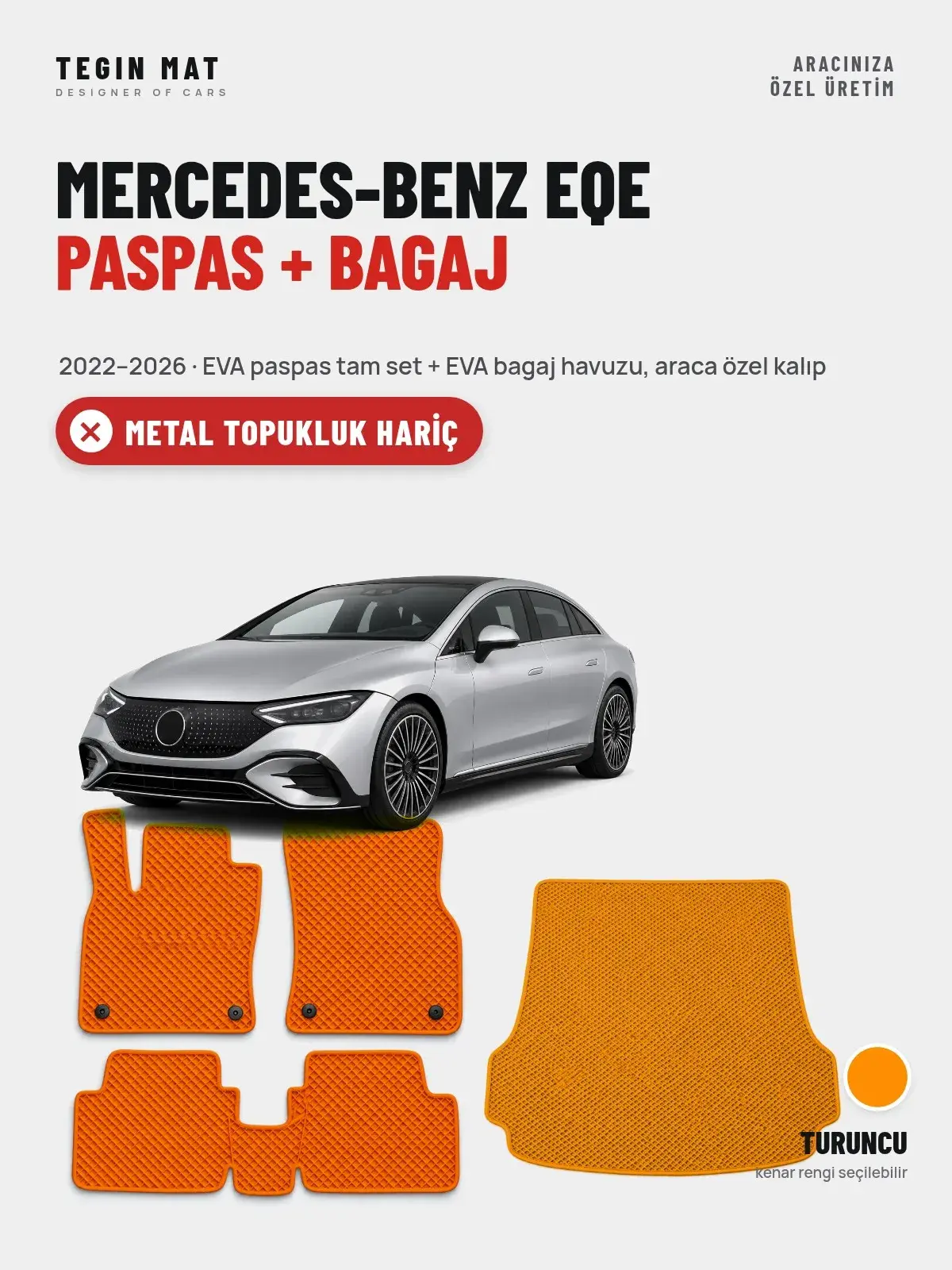Mercedes-Benz EQE EVA Paspas + Bagaj Havuzu Seti (2022–2026) Turuncu – Metal Topukluk Hariç (1)
