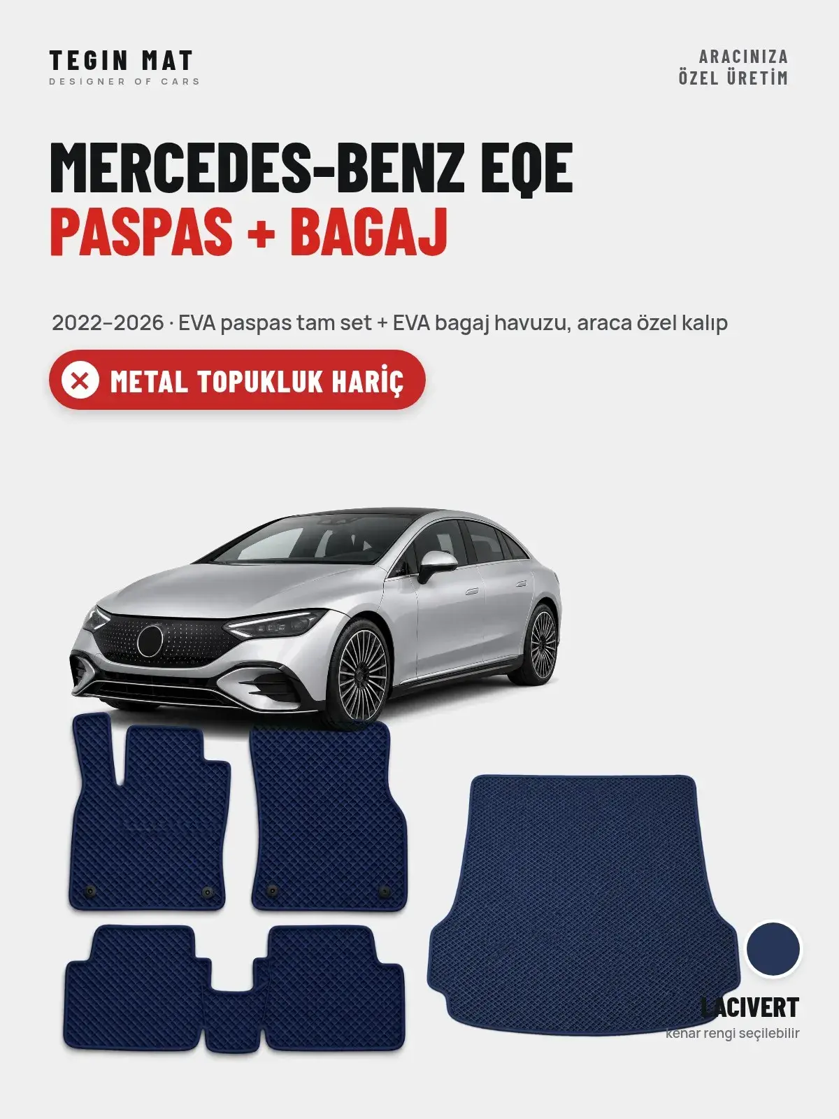 Mercedes-Benz EQE EVA Paspas + Bagaj Havuzu Seti (2022–2026) Lacivert – Metal Topukluk Hariç (1)