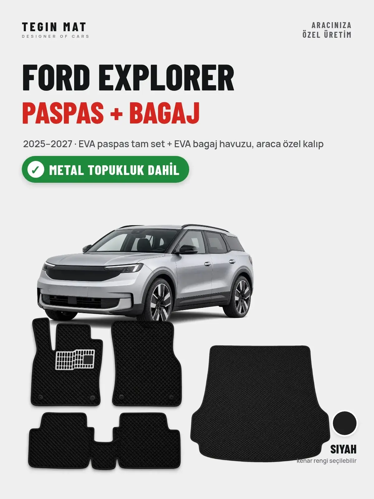 Ford Explorer EVA Paspas + Bagaj Havuzu Seti (2025–2027) Siyah – Metal Topukluk Dahil (1)