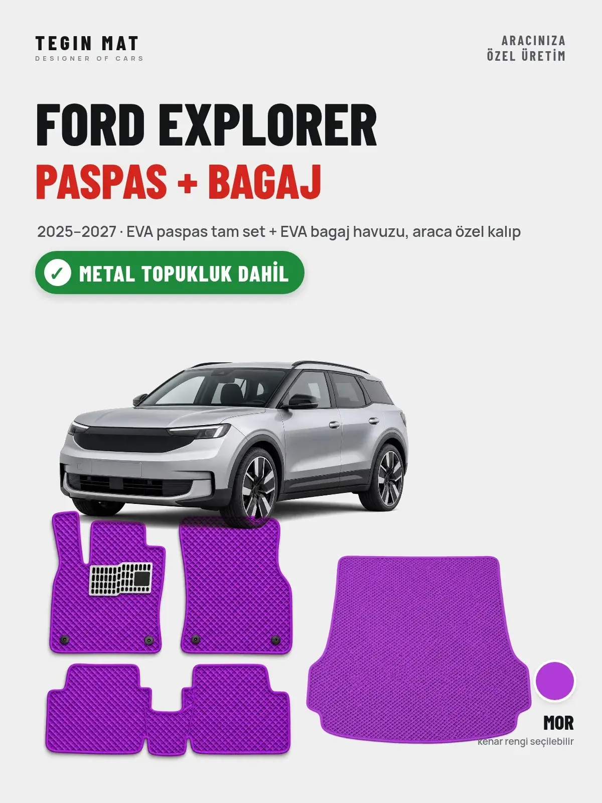 Ford Explorer EVA Paspas + Bagaj Havuzu Seti (2025–2027) Mor – Metal Topukluk Dahil (1)