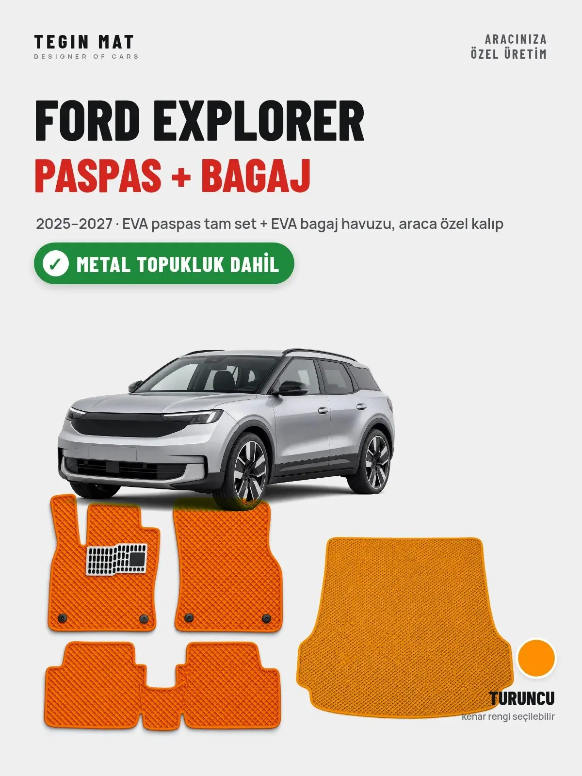 Ford Explorer EVA Paspas + Bagaj Havuzu Seti (2025–2027) Turuncu – Metal Topukluk Dahil (1)