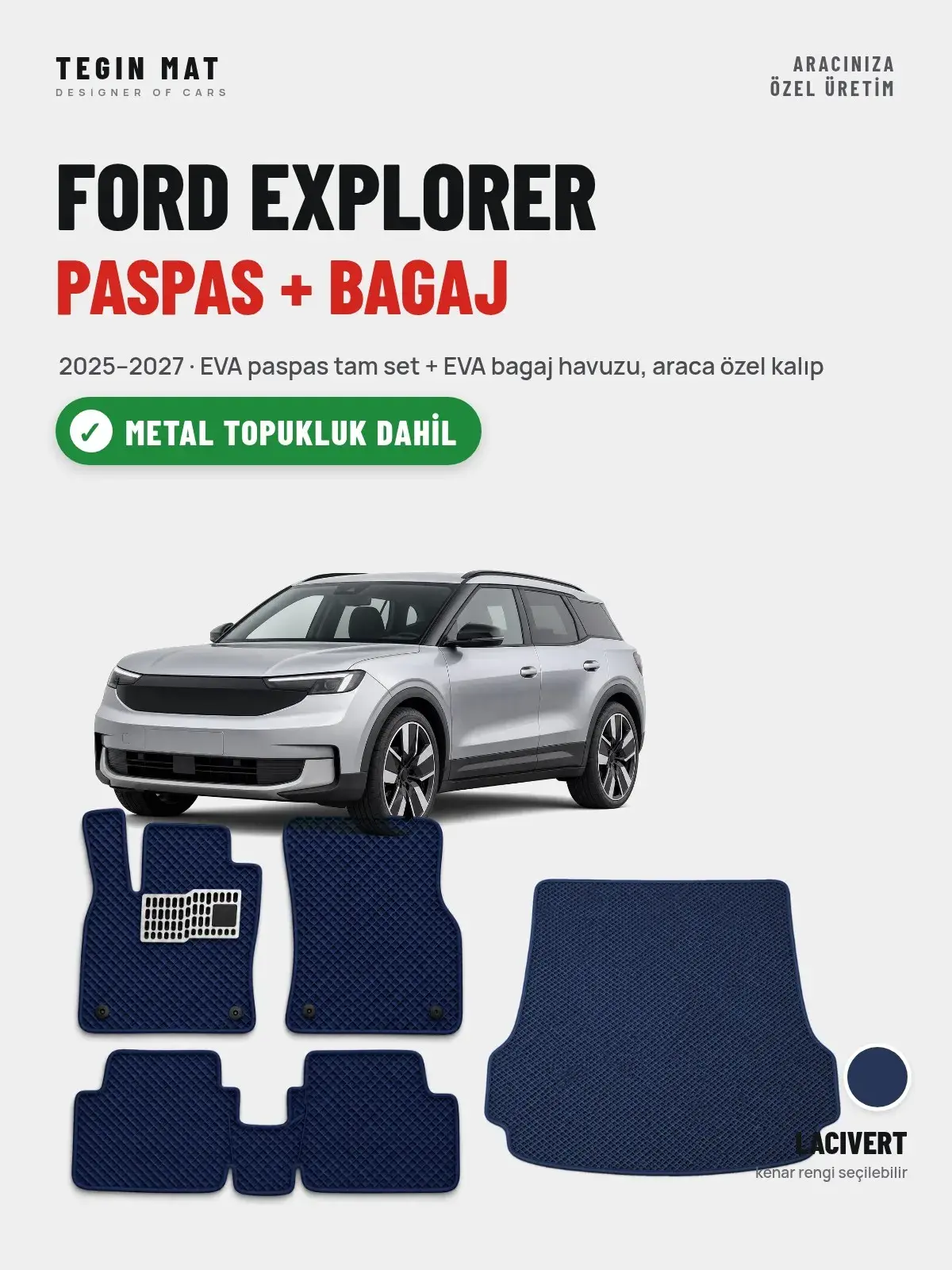Ford Explorer EVA Paspas + Bagaj Havuzu Seti (2025–2027) Lacivert – Metal Topukluk Dahil (1)