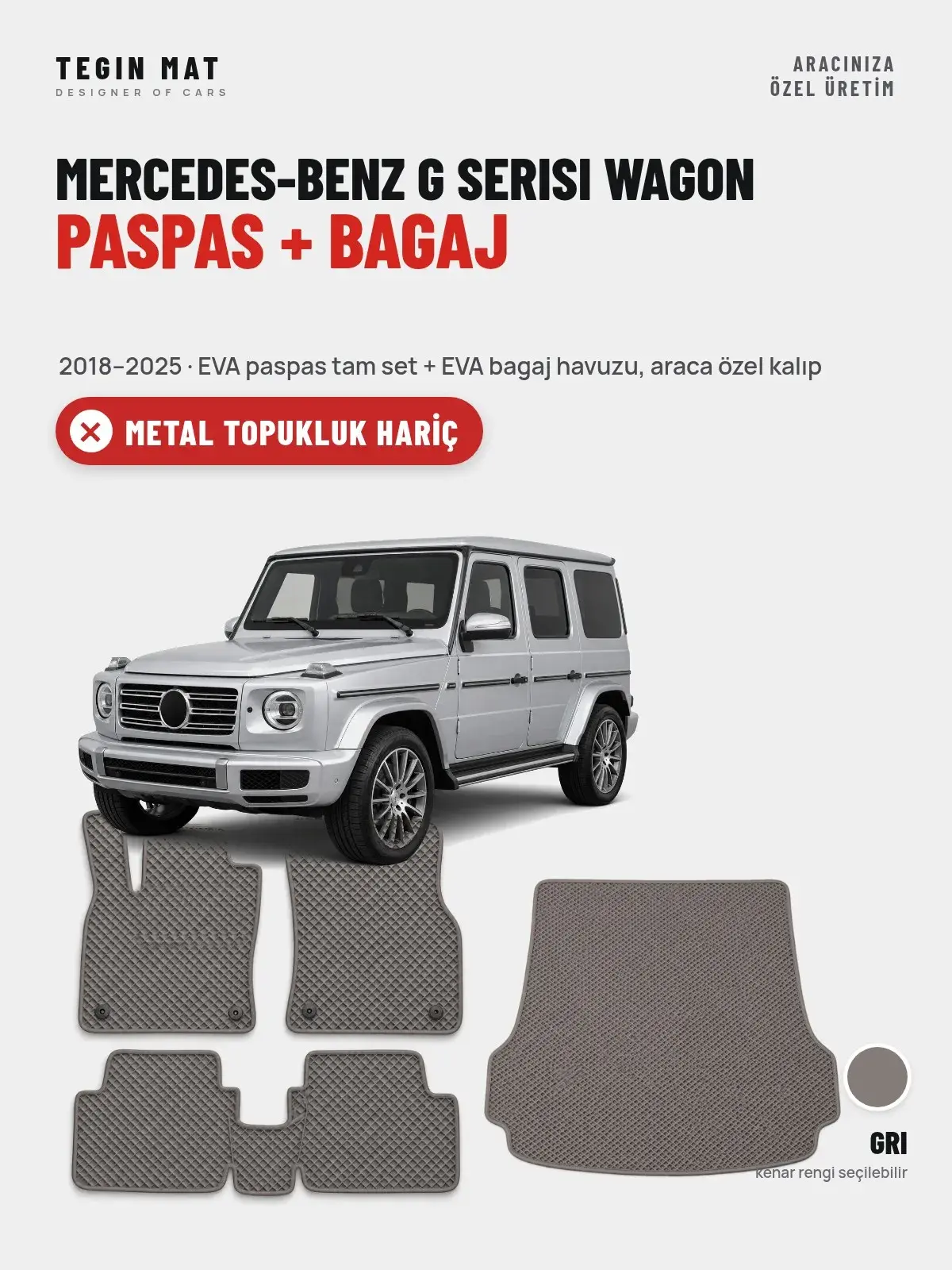 Mercedes-Benz G Serisi Wagon EVA Paspas + Bagaj Havuzu Seti (2018–2025) Gri – Metal Topukluk Hariç (1)
